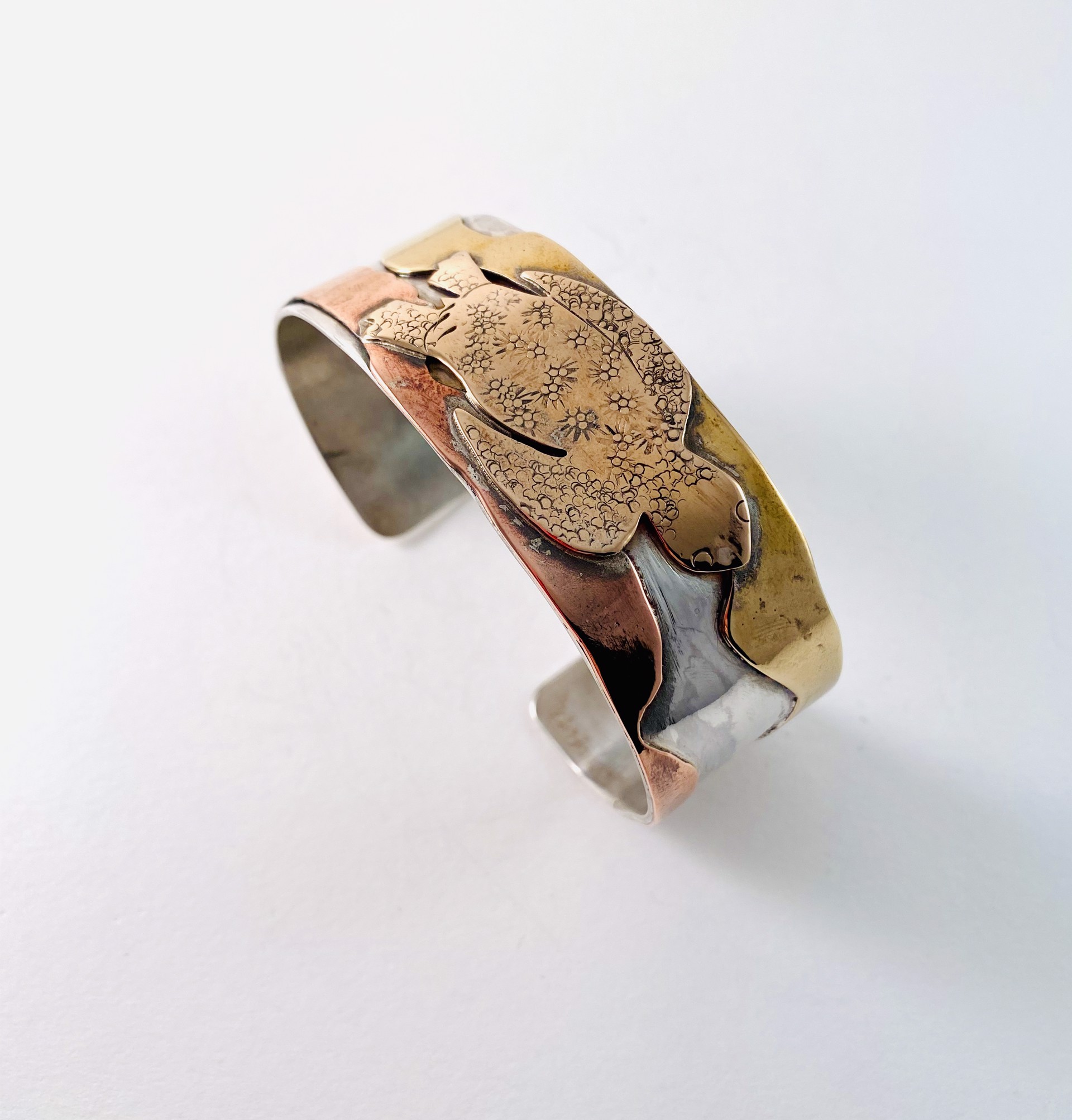 Silver Copper Brass and Bronze Swimming Turtle Cuff Bracelet AB19-14 by Anne Bivens