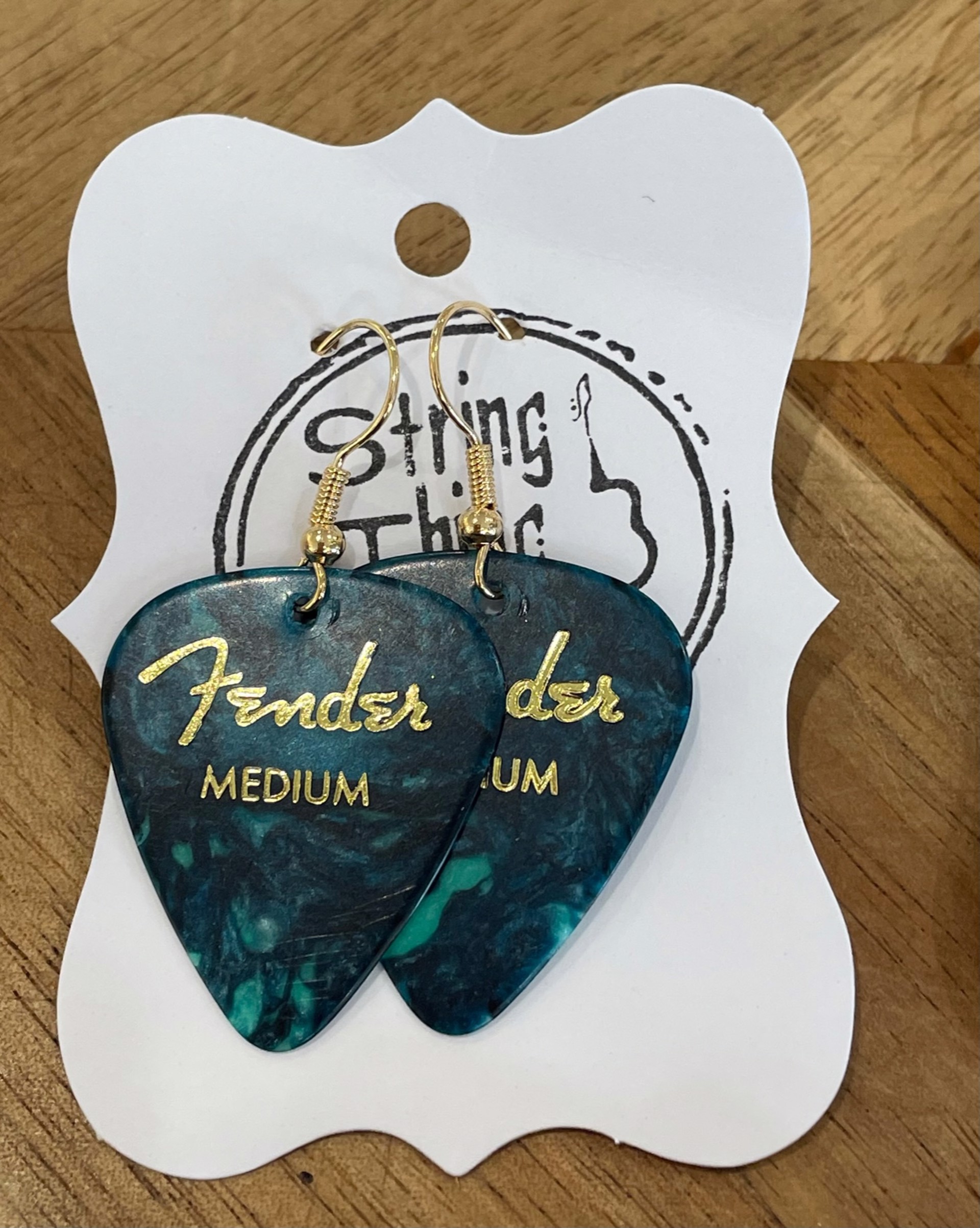 Black and Turquoise Fender Guitar Pick Earrings by String Thing Designs