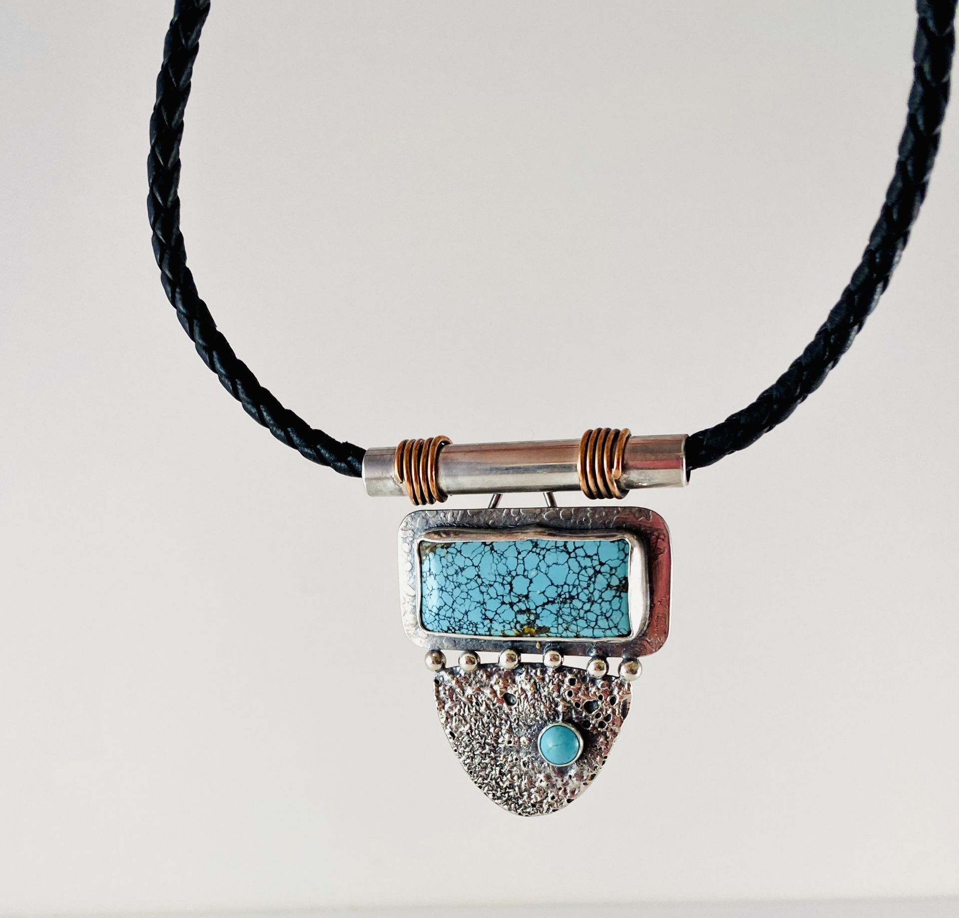 American Turquoise, Reticulated Silver, Copper Accents Pendant, 18" Braided Leather Necklace  by Anne Bivens