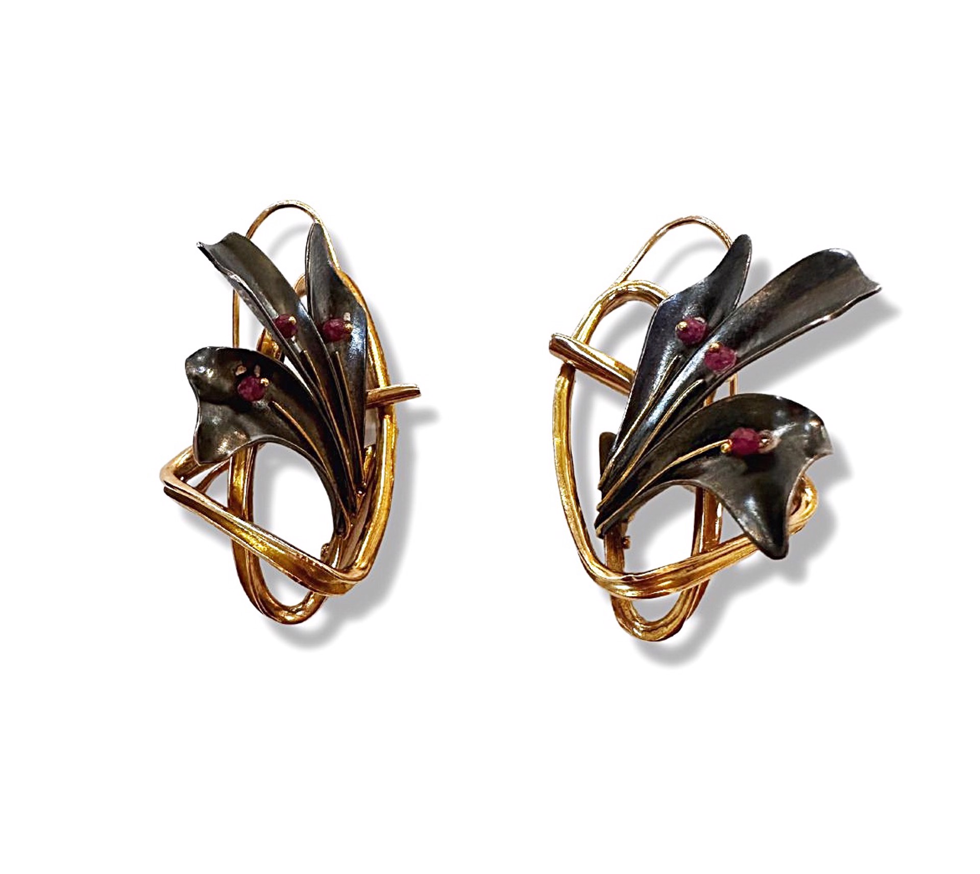 Earrings - Magnolia with 14K Gold and Rubies by Pattie Parkhurst