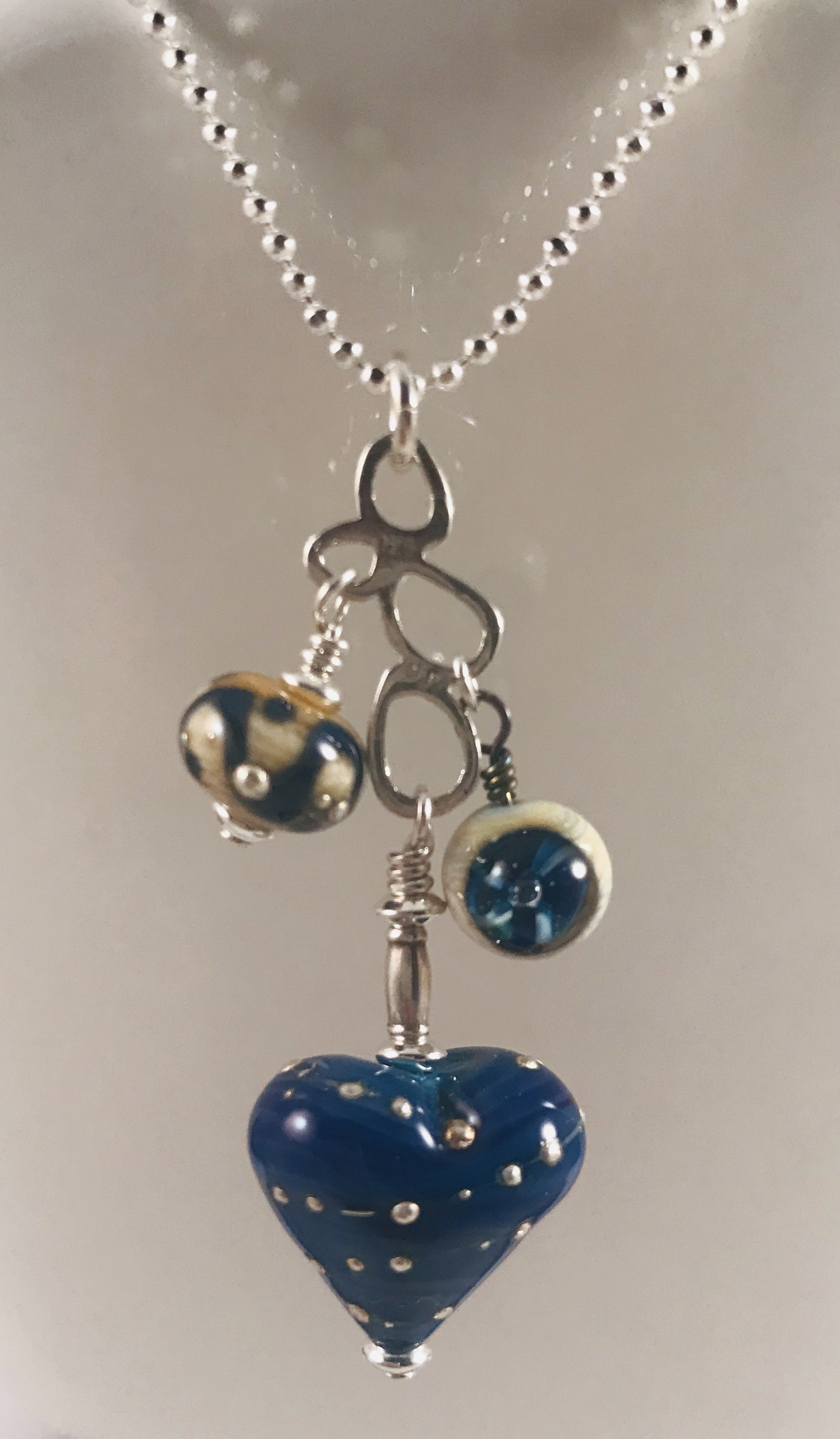 Blue Heart and Fine Silver Pendant, sterling silver chain by Linda Sacra