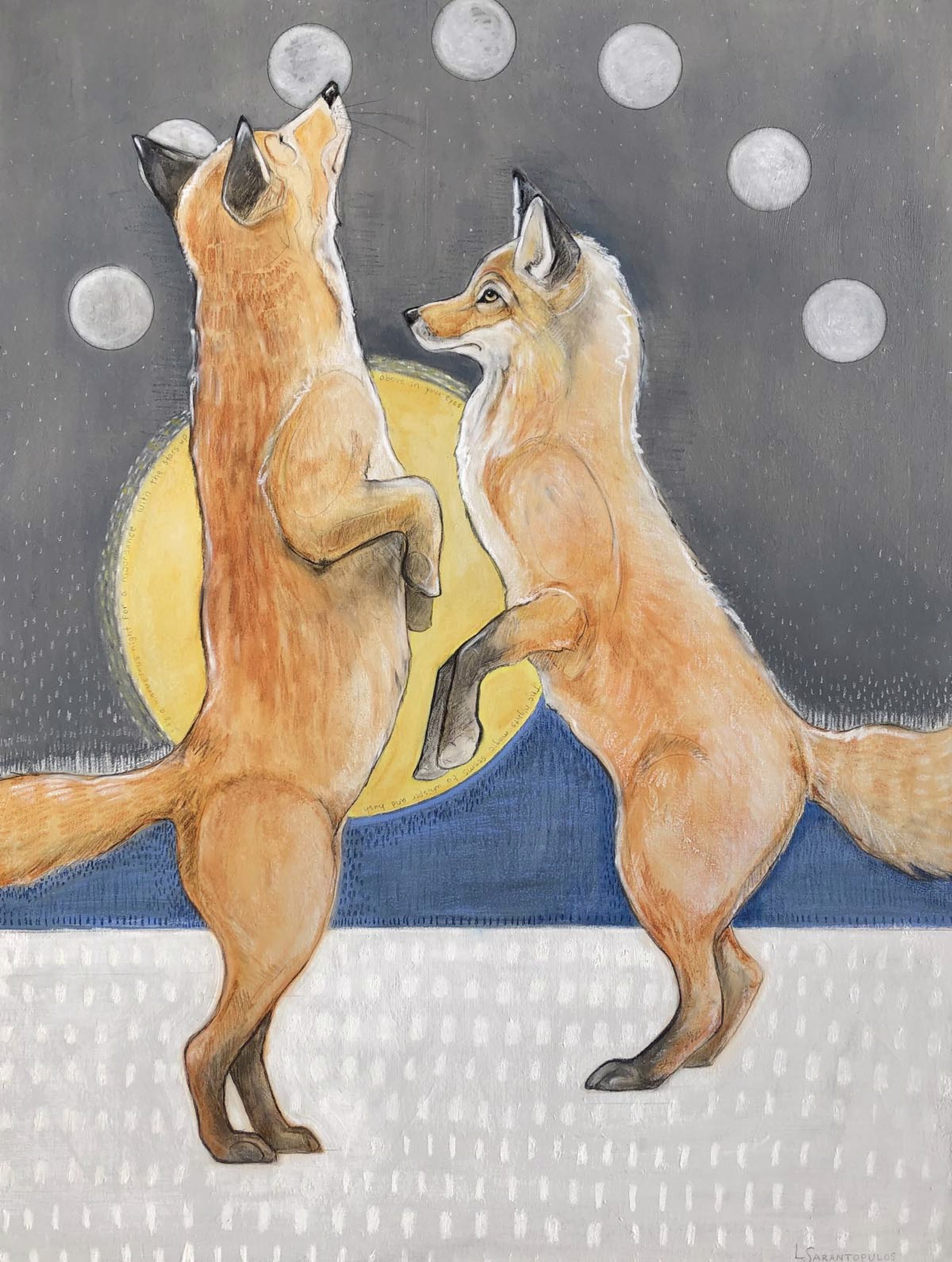 Original Mixed Media Painting Featuring Two Red Foxes Against Yellow Moon With Abstracted Background And Moon Arch 