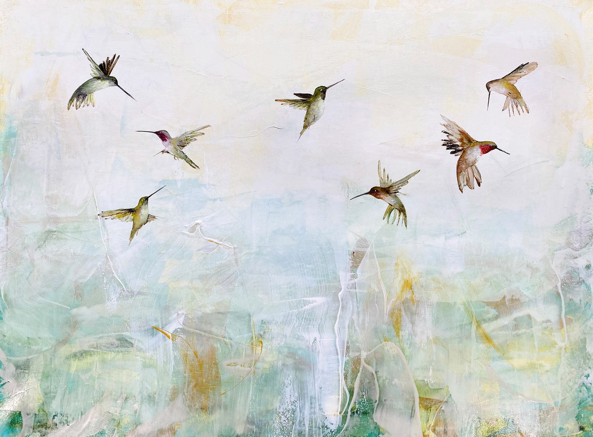 Original Oil Painting Featuring Hummingbirds In Flight Over Abstract Green Background
