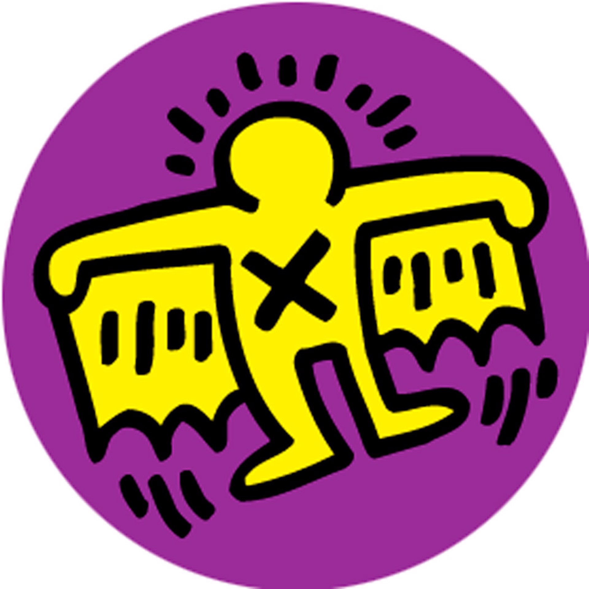 Keith Haring Yellow Superhero on Purple 1 Inch Pin by Keith Haring