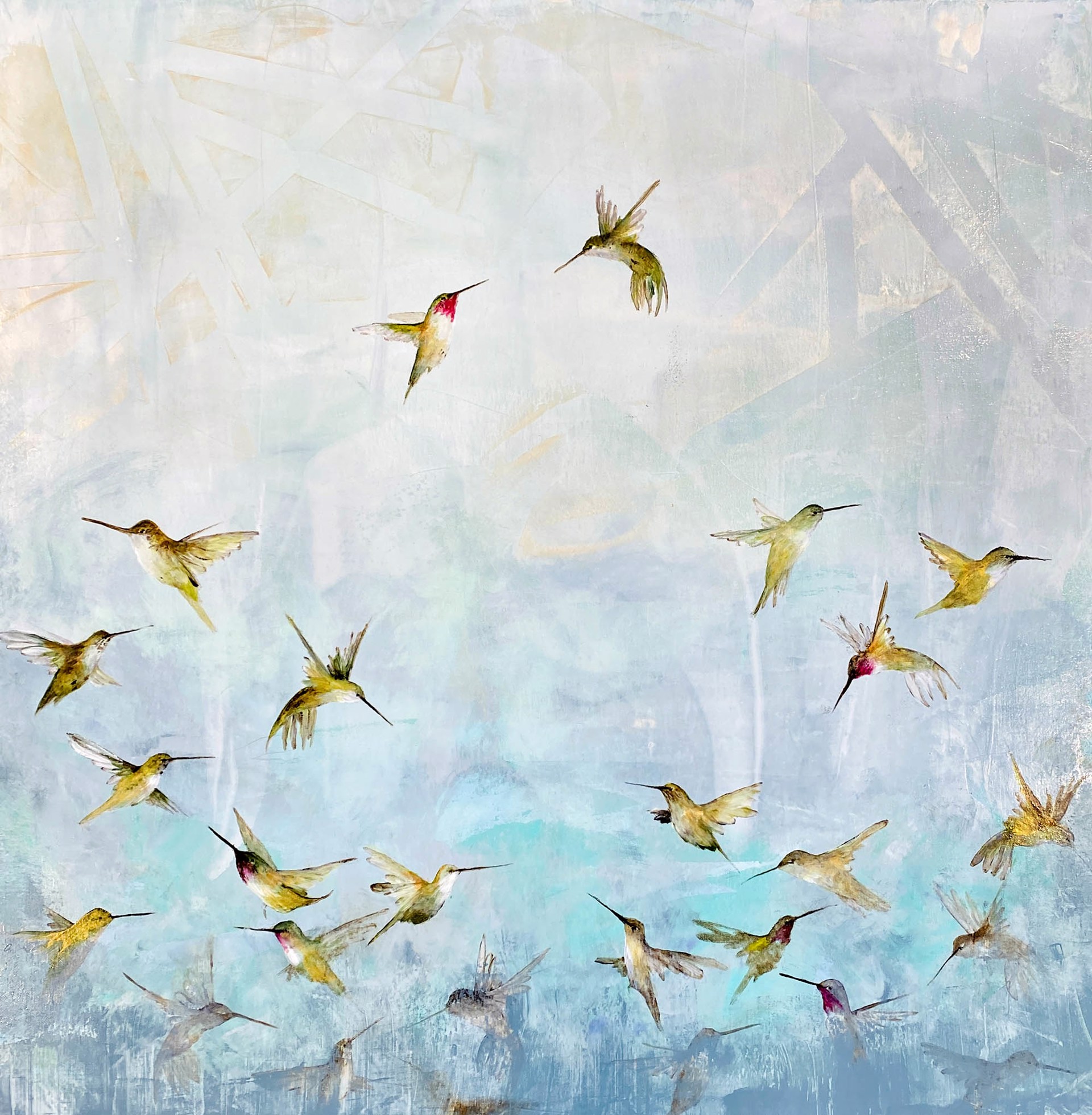 Original Oil Painting Featuring A Flurry Of Hummingbirds In Flight Over Abstract Blue Background