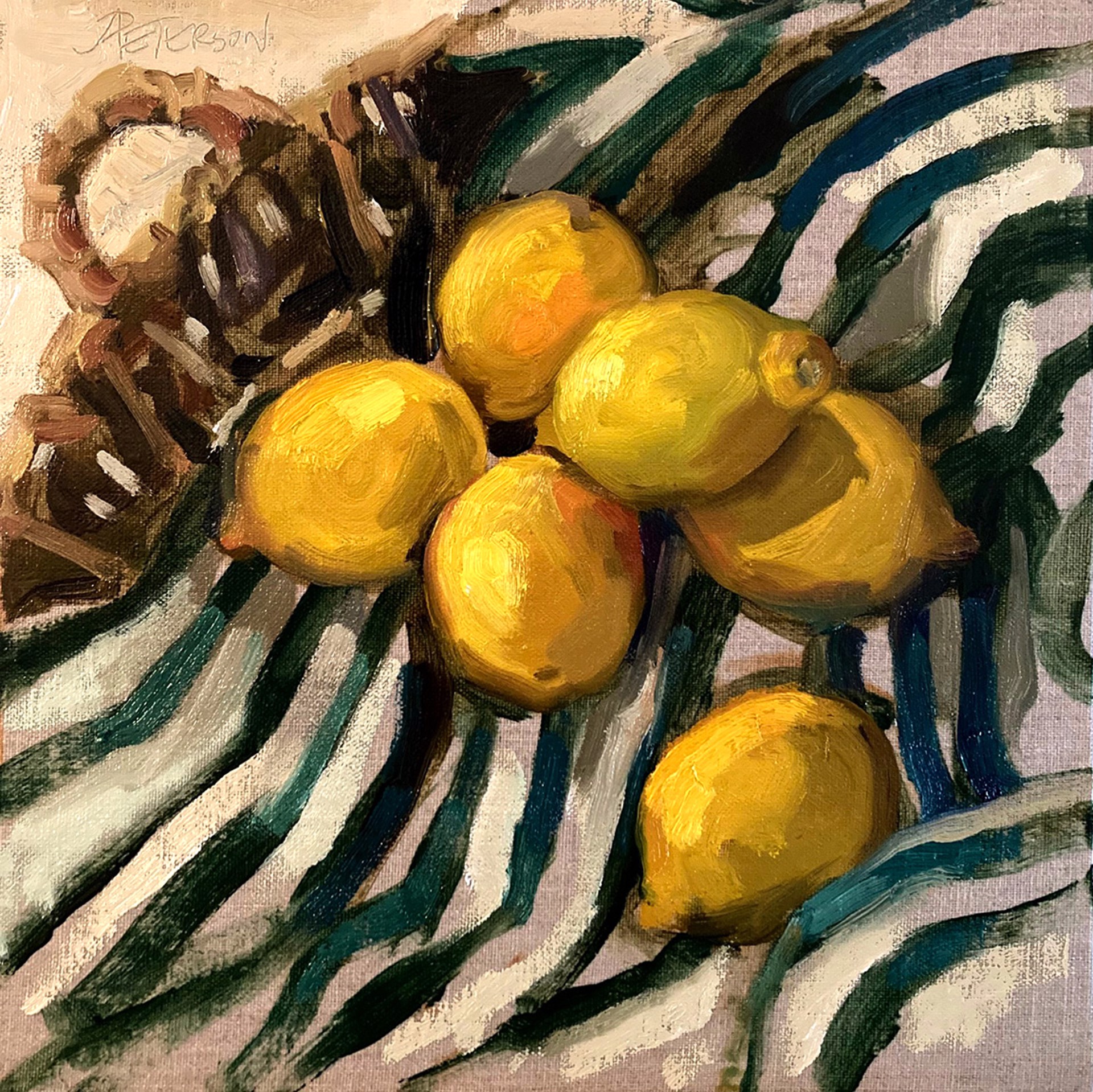 Lemons in Basket with Stripes by Amy R. Peterson