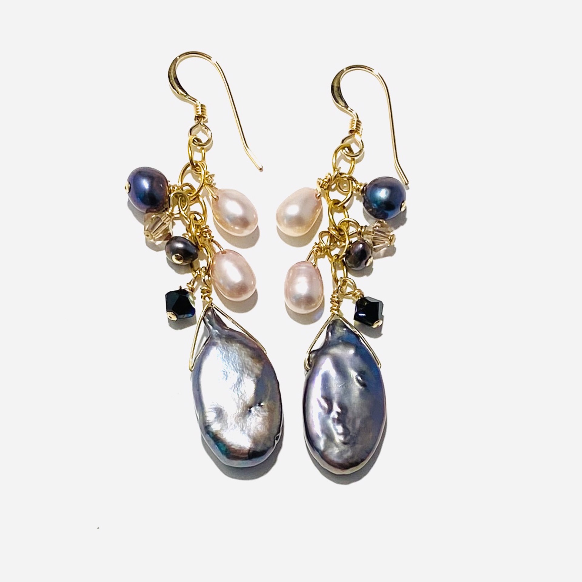 Peacock Drop Pearl, Pink Pearl, Swarovski Crystal GF Earrings LR23-19 by Legare Riano