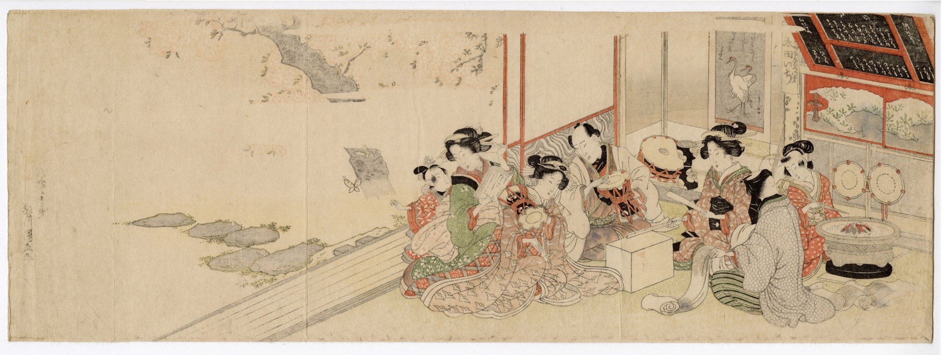 Musical new years party, with geisha, at a teahouse celebrating the birth of the lion child. by Kuninao