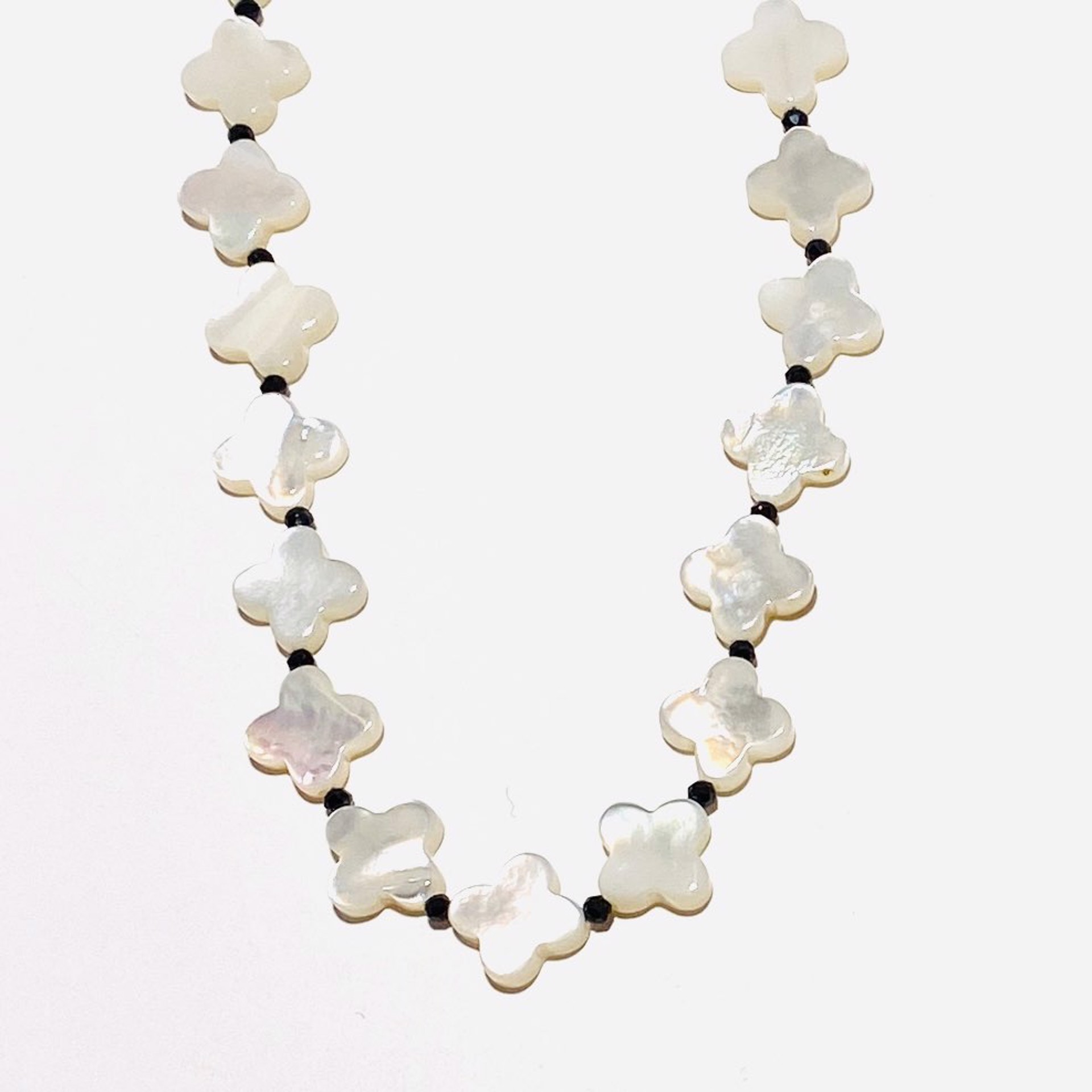 Clover Shaped Mother of Pearl, Black Spinel Necklace NT23-81 by Nance Trueworthy