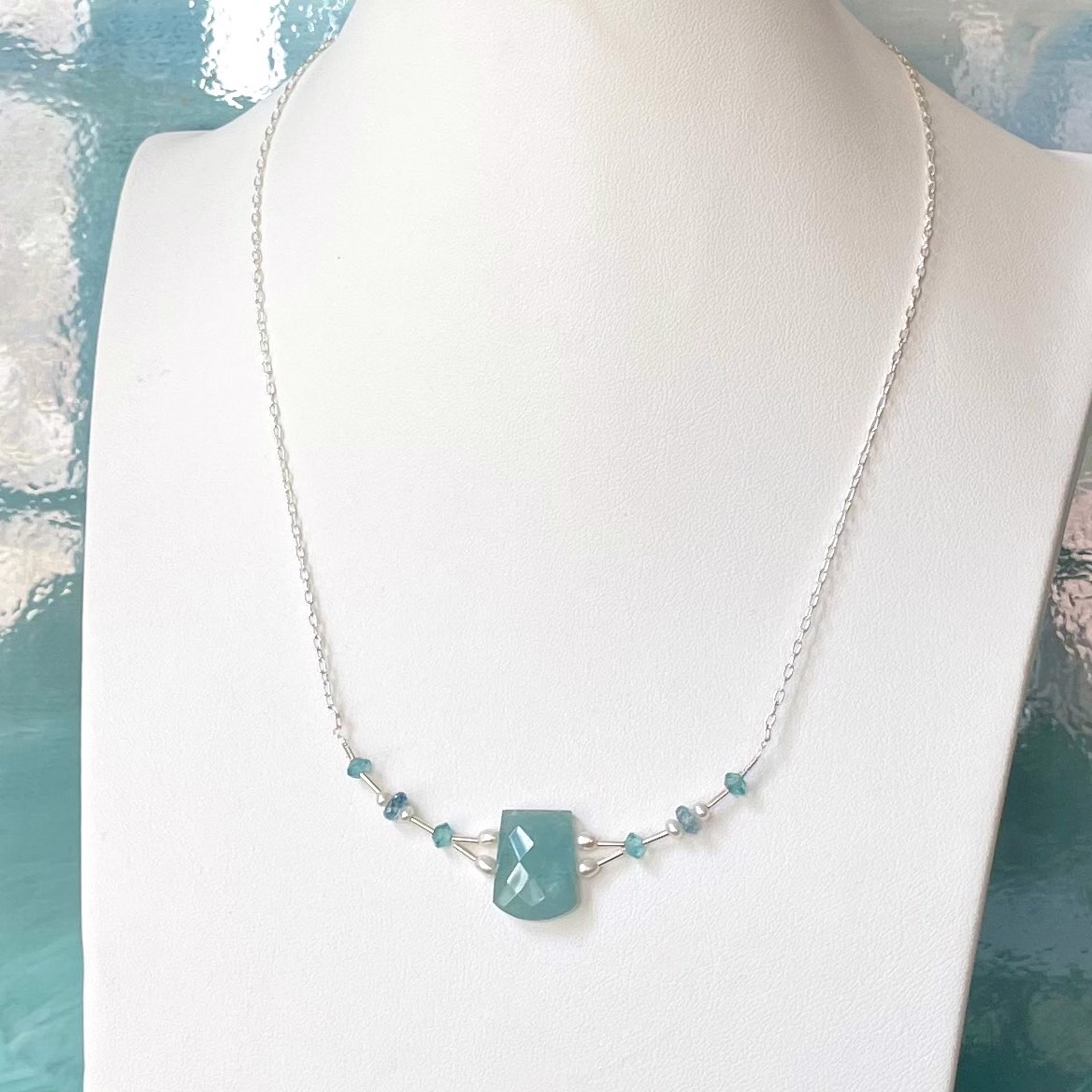 Aquamarine, Apatite, Pearls and Sterling Silver Double Drilled Shield Necklace by Lisa Kelley