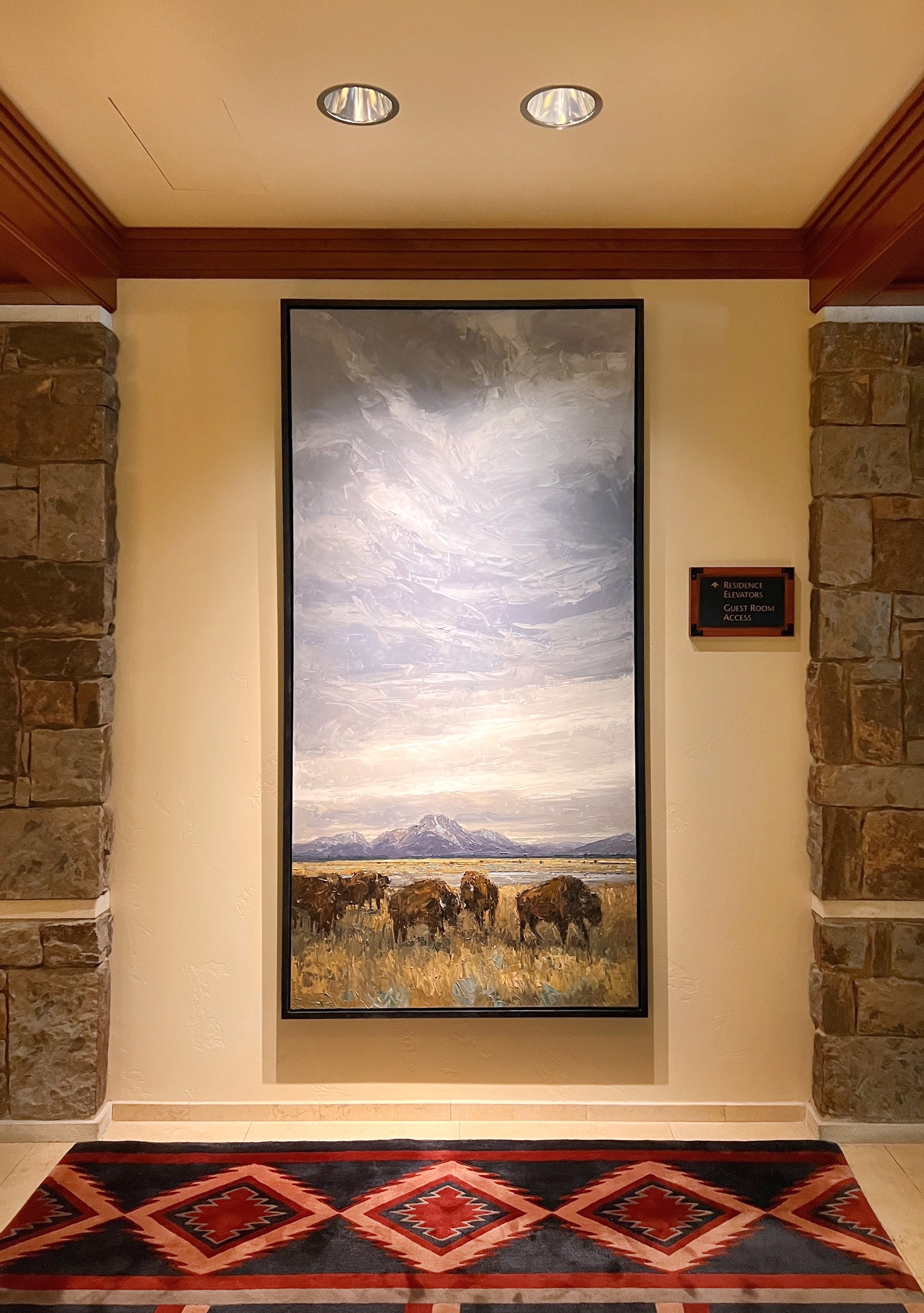 Original Oil Painting By Caleb Meyer Featuring Bison In Front Of Stormy Mountain Landscape With Thick Palette Knife Paint Application