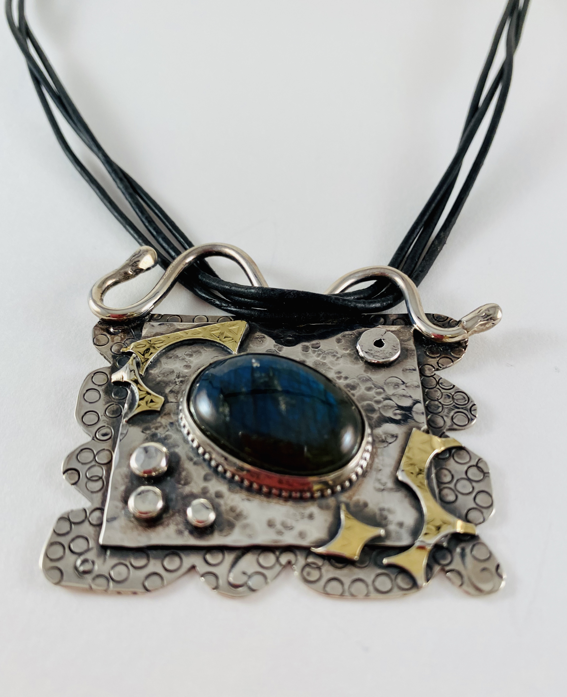 Sterling Laboradite 18k Pendant on leather by Anne Bivens