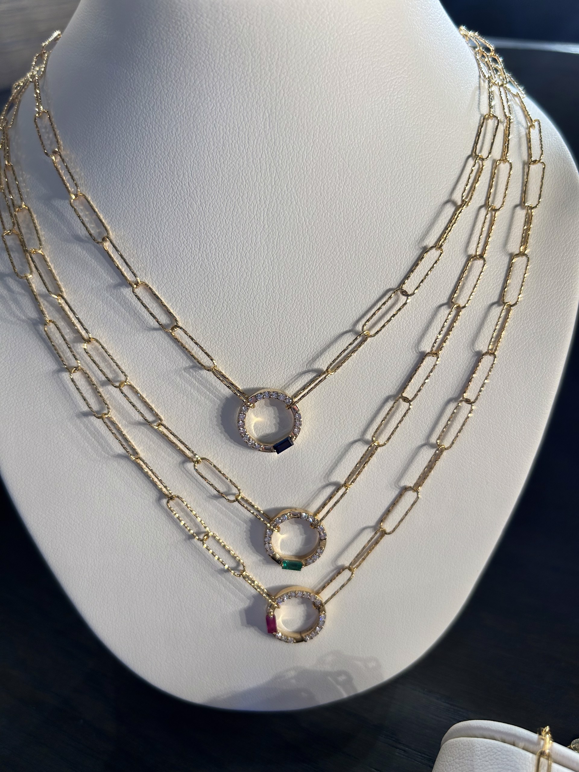 KB-N19 14k Gold Diamond cut paper clip chain with circle diamond clasp and emerald Baguette by Karen Birchmier