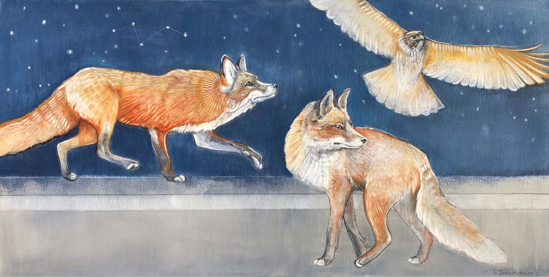 Original Mixed Media Painting Featuring Two Red Foxes And One Golden Hawk Over Abstracted Background In Gray And Blue With Constellation Detail
