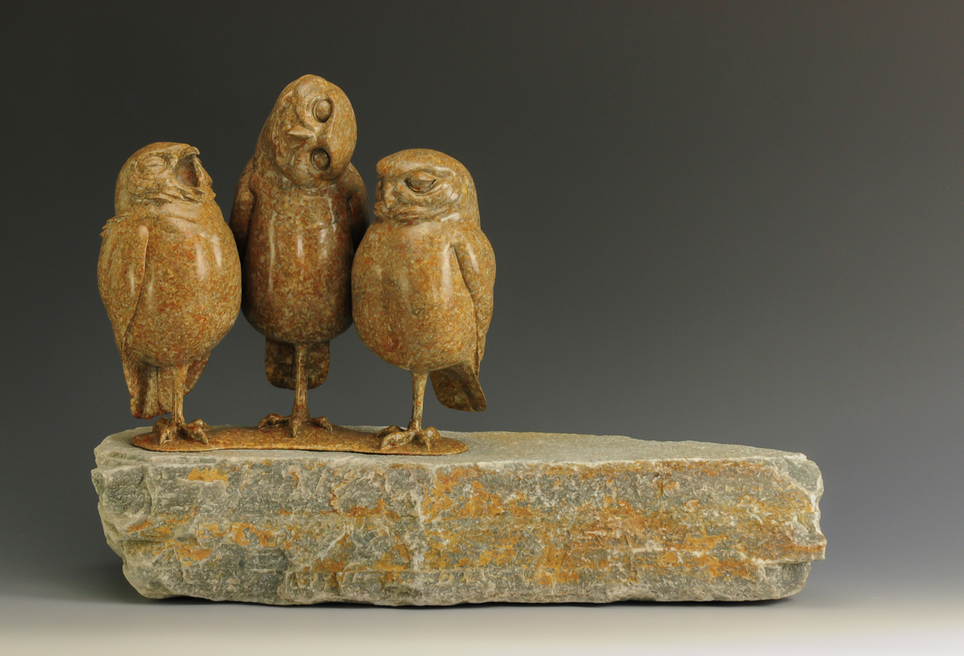 A Fine Art Sculpture In Bronze By Jeremy Bradshaw Featuring A Trio of Owls, Available At Gallery Wild