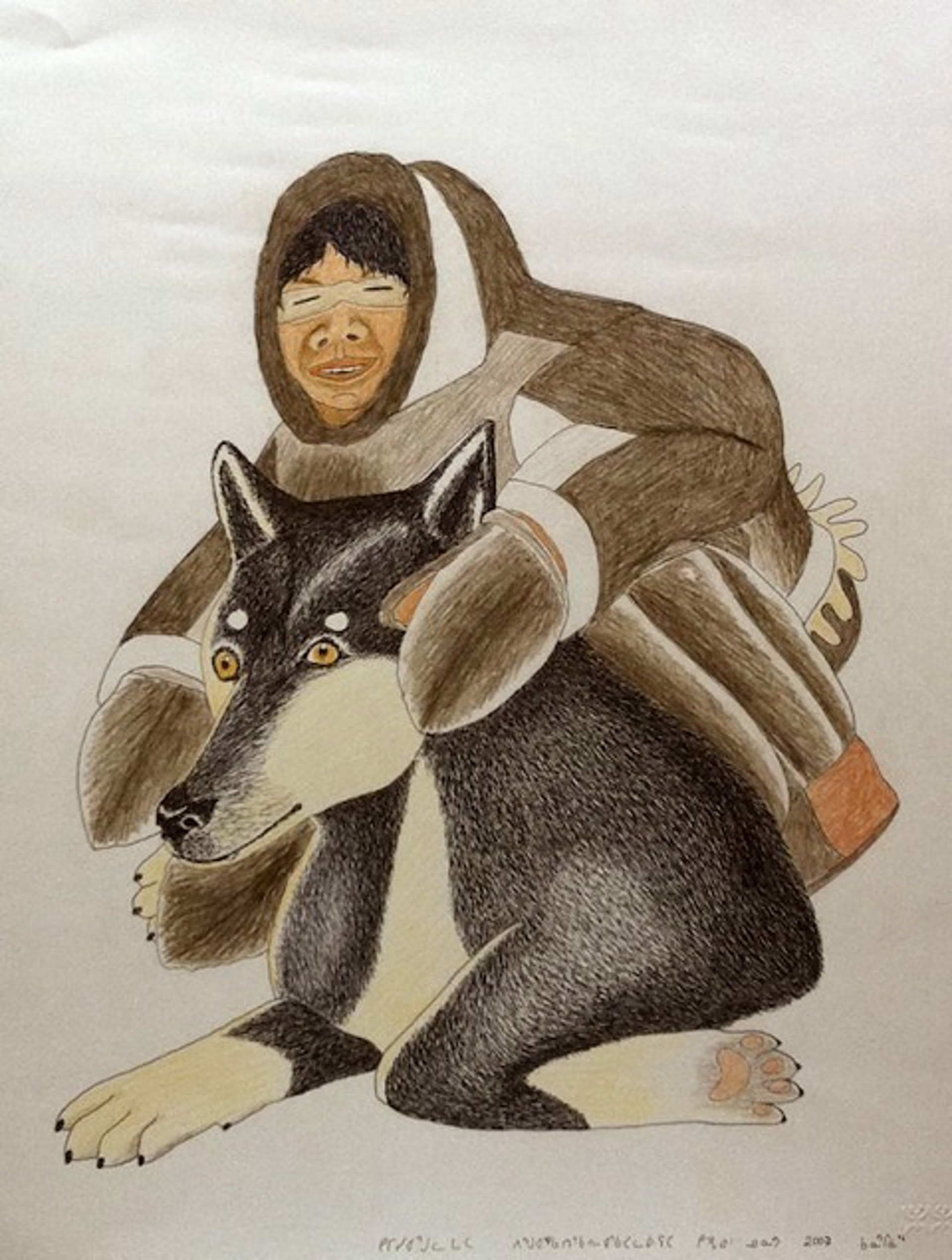 Inuit: Man with Sun Goggles and Dog by Kananginak Pootoogook