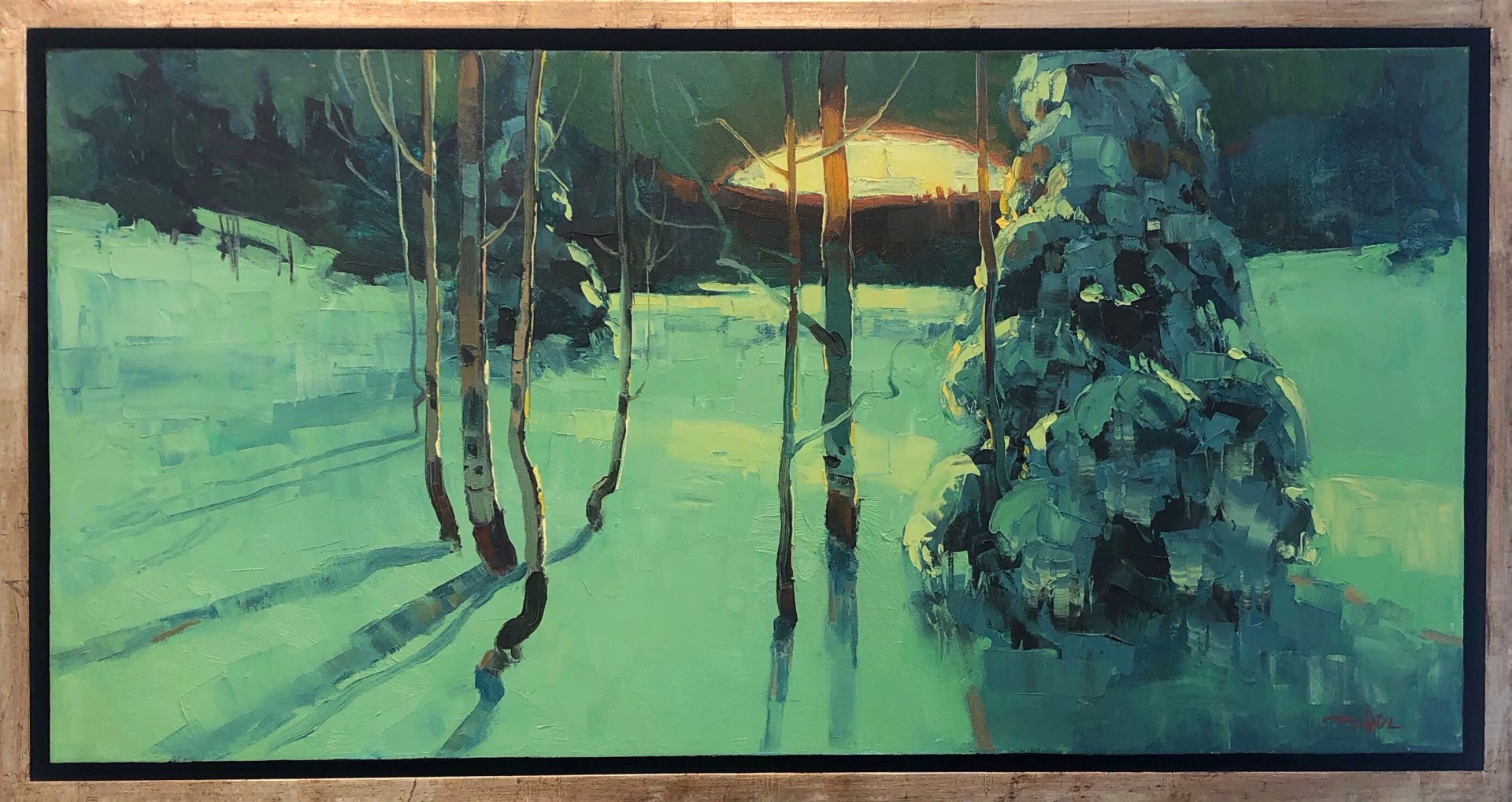 Original Oil Painting Of The Sun Rising Through Trees Over A Blue Tinted Snowy Landscape By Silas Thompson Available At Gallery Wild 