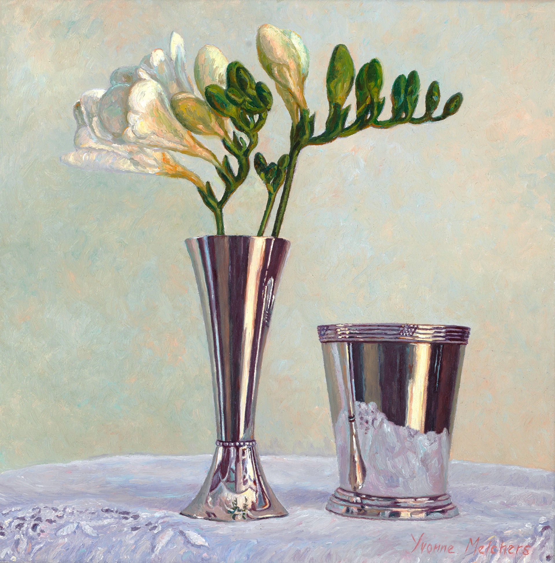 Silver with White Freesia's by Yvonne Melchers