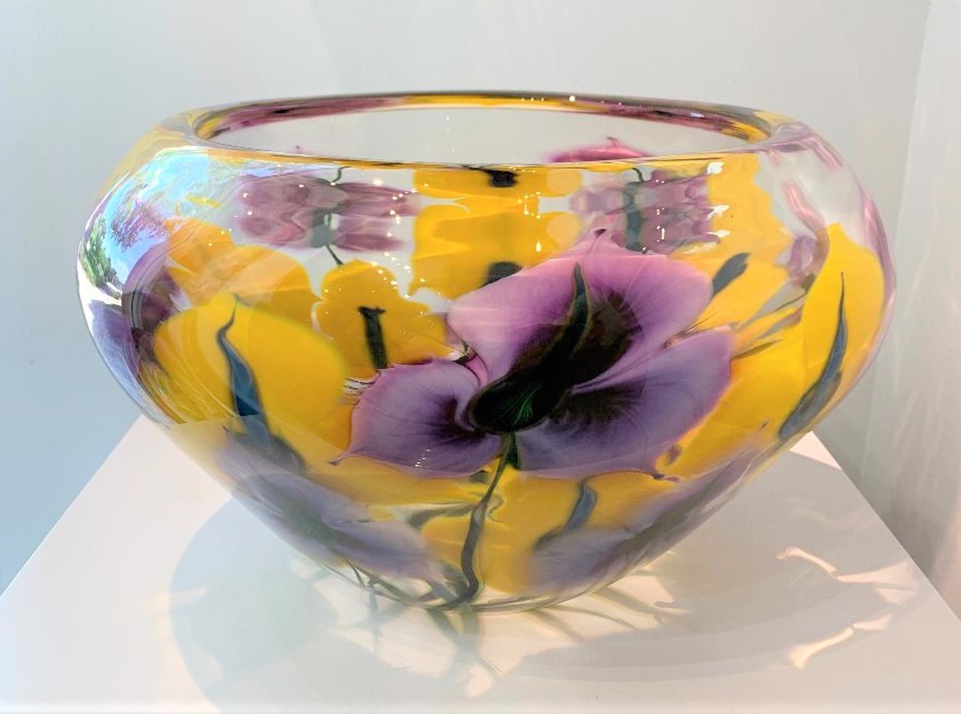 Dn#62 Bowl Magnum Crystal with Purple & Yellow Iris Flowers by Daniel Lotton