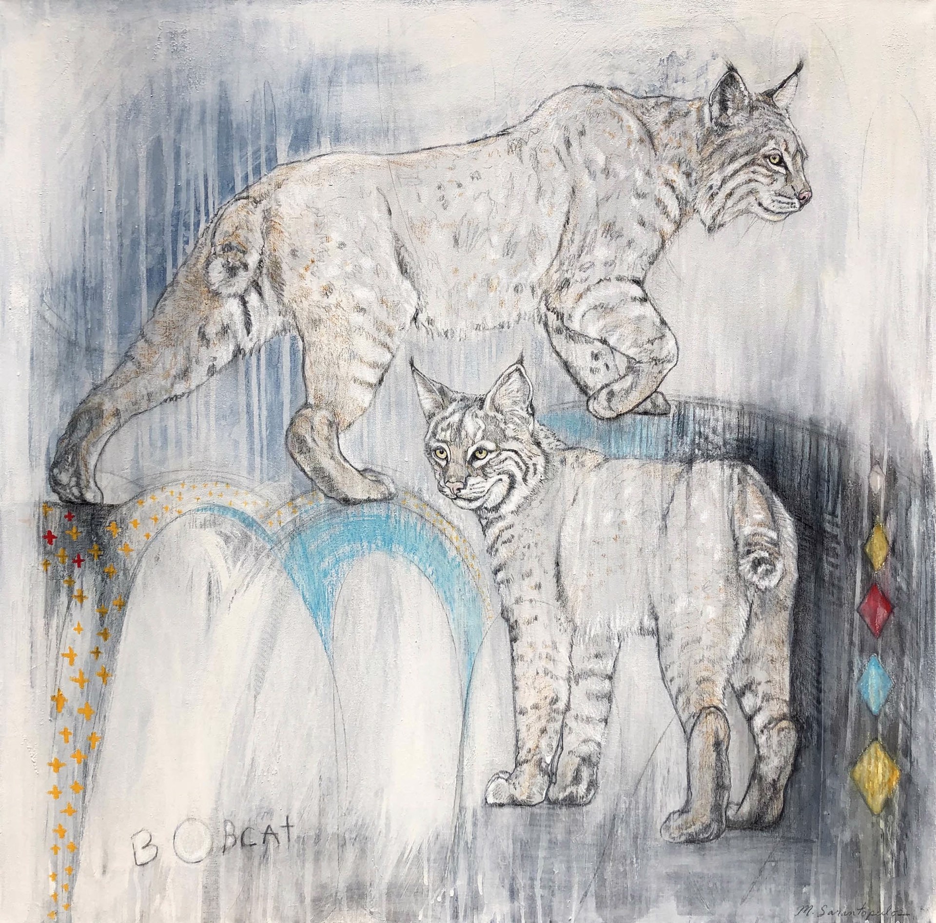 Original Mixed Media Painting Featuring Two Bobcats Sketched Over Abstract Background With Doodle Details And Motifs