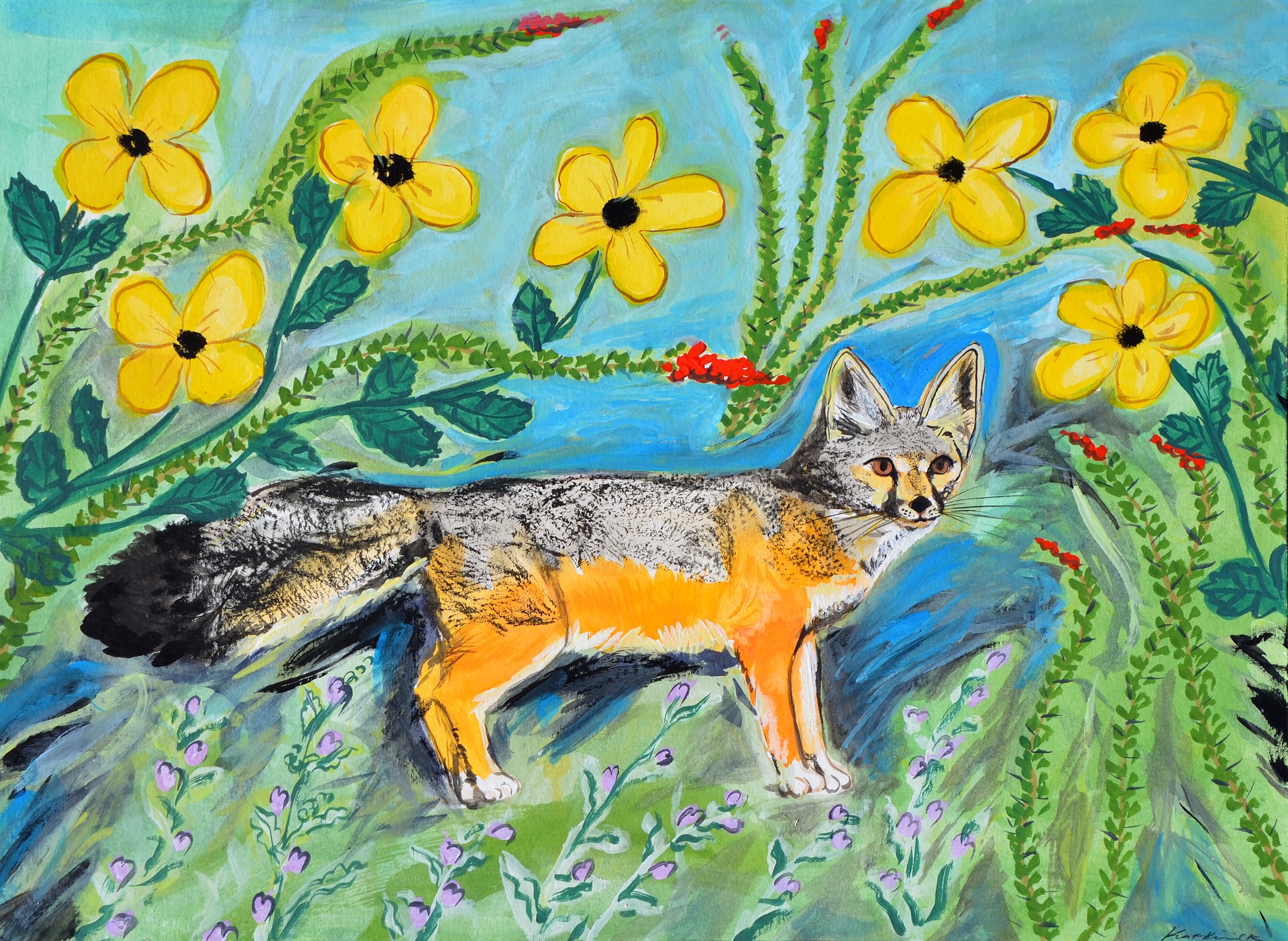 Fox Surrounded by Ocotillo & Flowers by Kat Kinnick