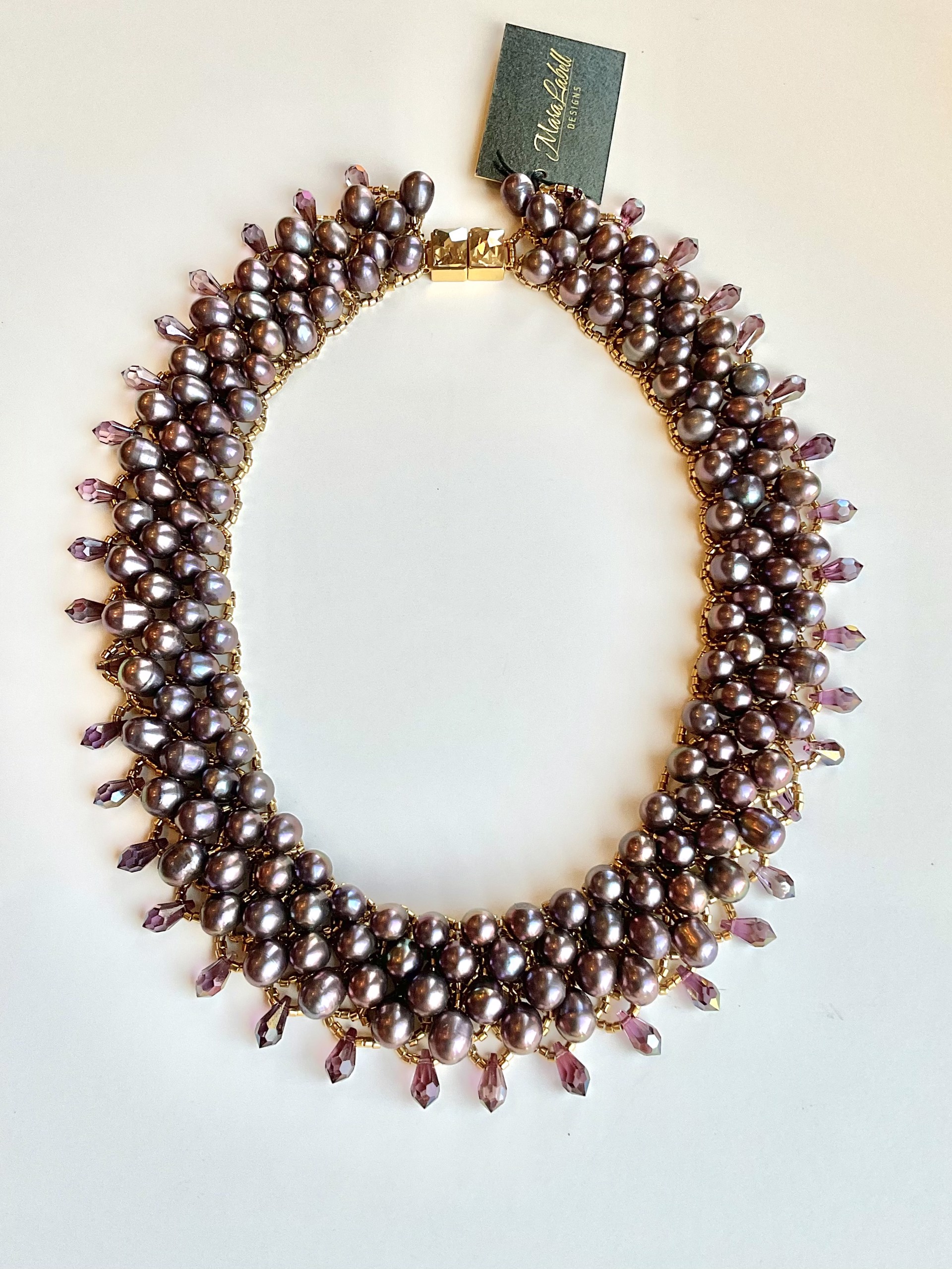 Grace Large Collar Purple Peacock Prls/Crystal on Gold by Mara Labell