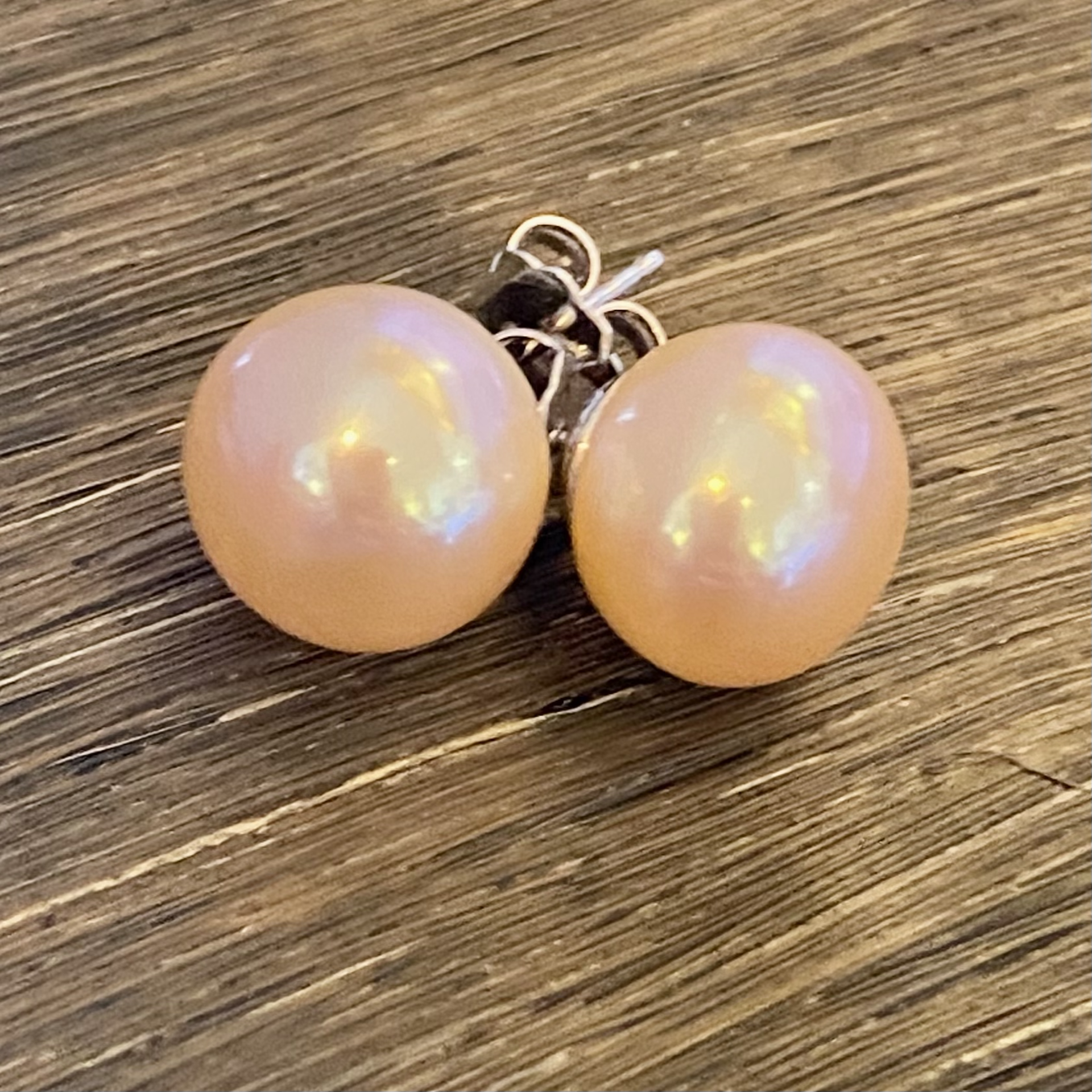 Peach Button Pearl Earrings 10.7mm by Sidney Soriano