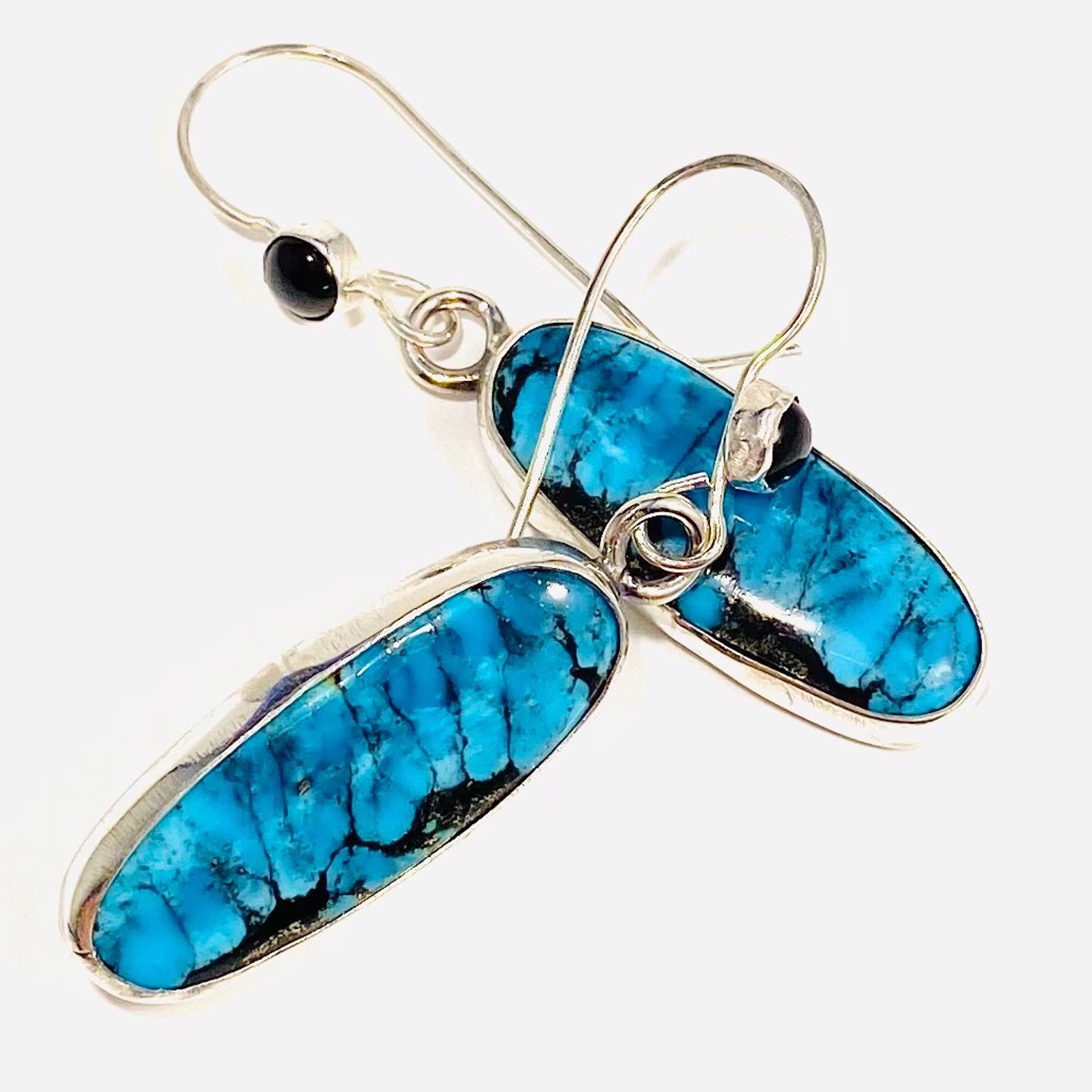 Thin Oval Webbed Hubei Turquoise, Pyrite Cabochon Earrings AB22-50 by Anne Bivens
