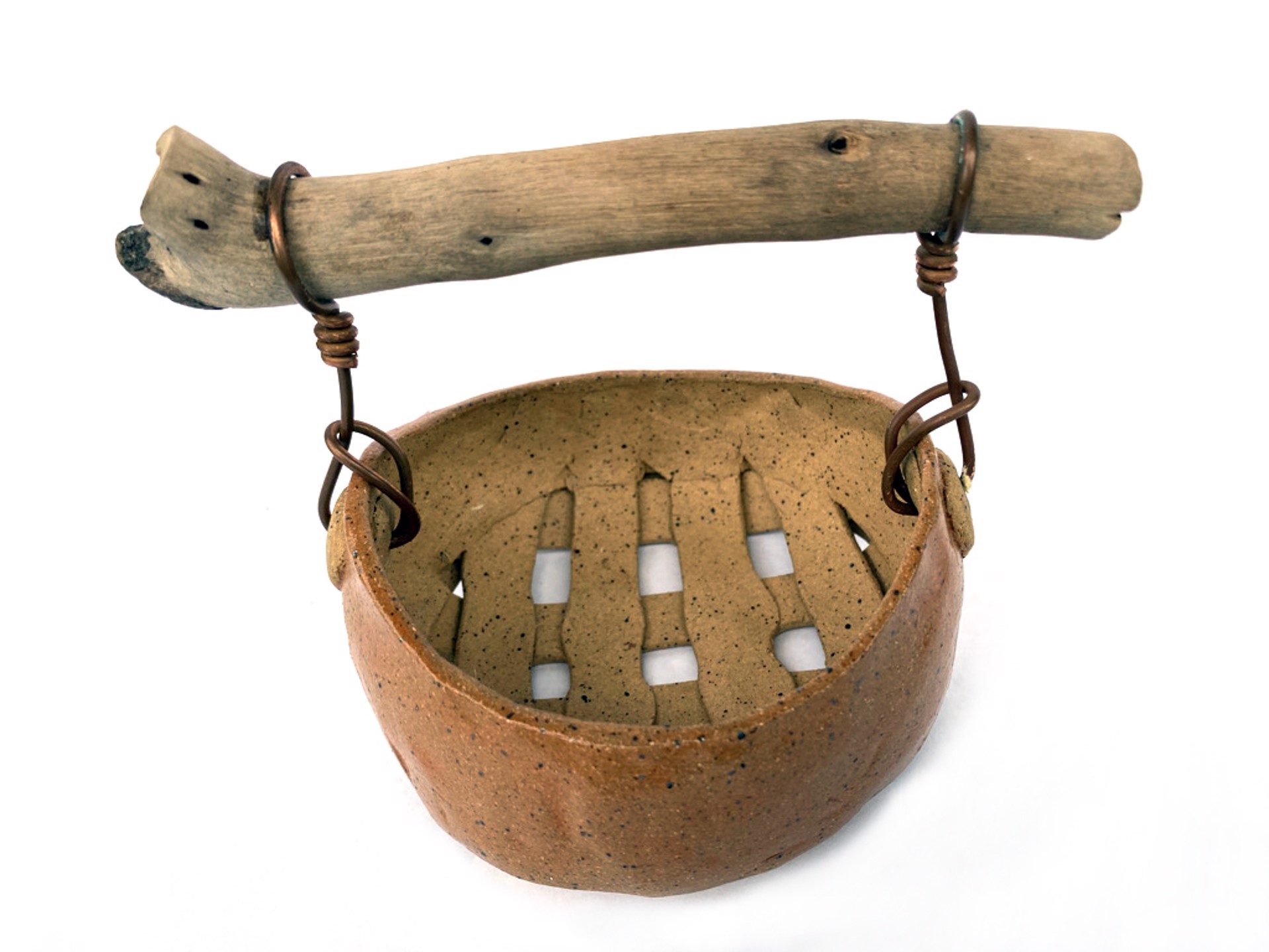 Ceramic Basket with Drifwood Handle by Faye Maeshiro