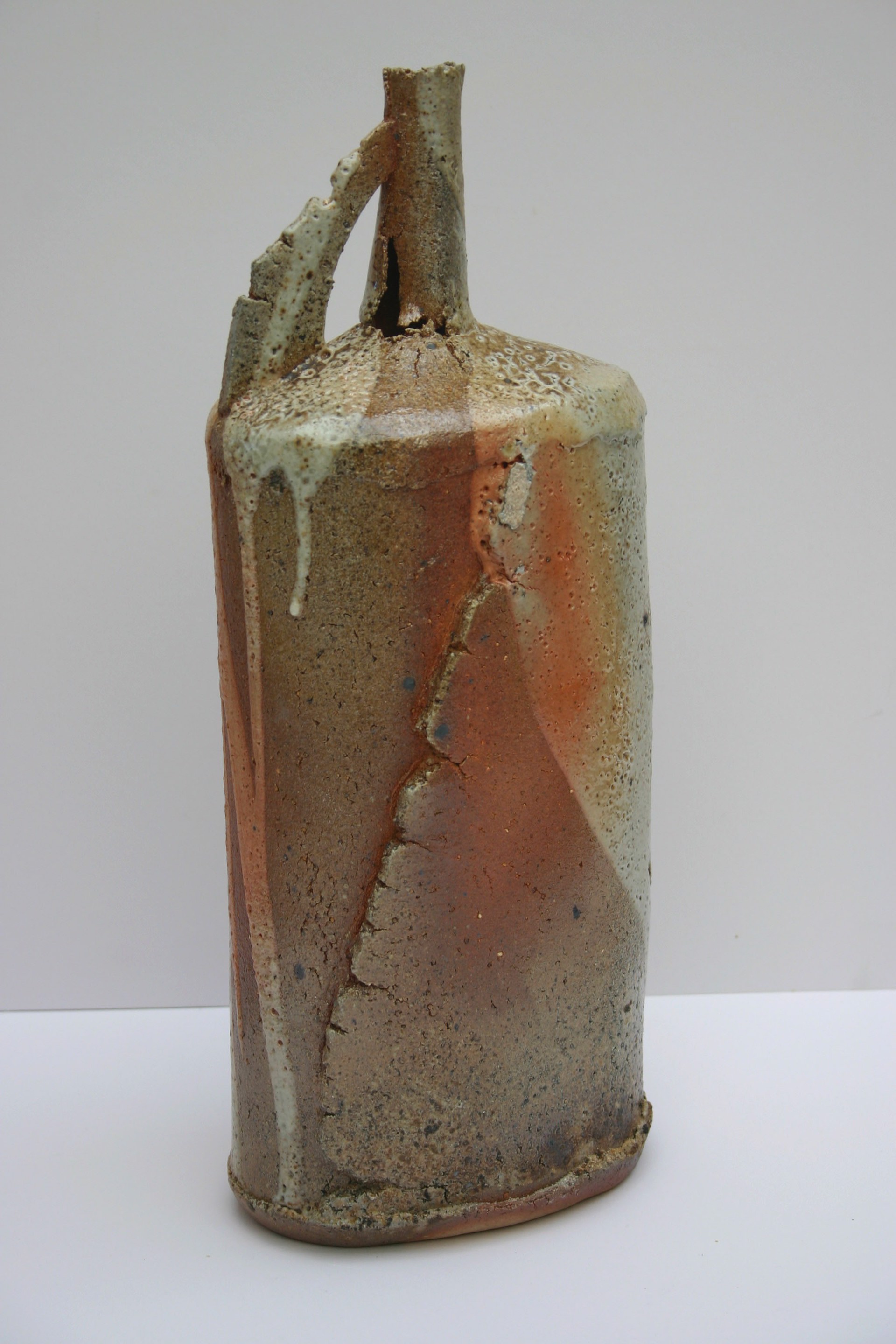 Shino glazed bottle anagama fired by Jane Wheeler