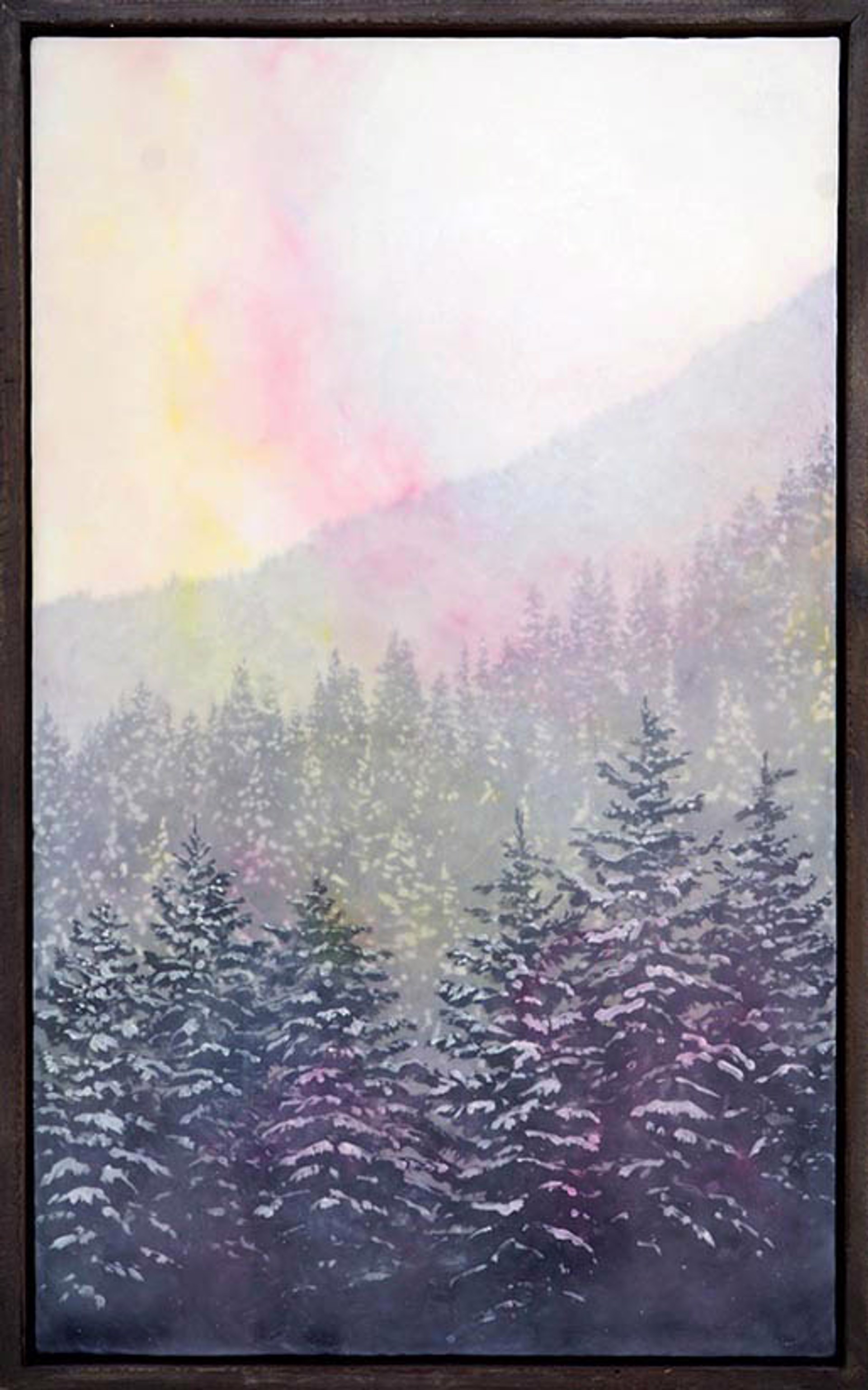Original Encaustic Painting By Bridgette Meinhold Mountain Winter Landscape With Snowy Pine Trees With A Pink And Yellow Hue