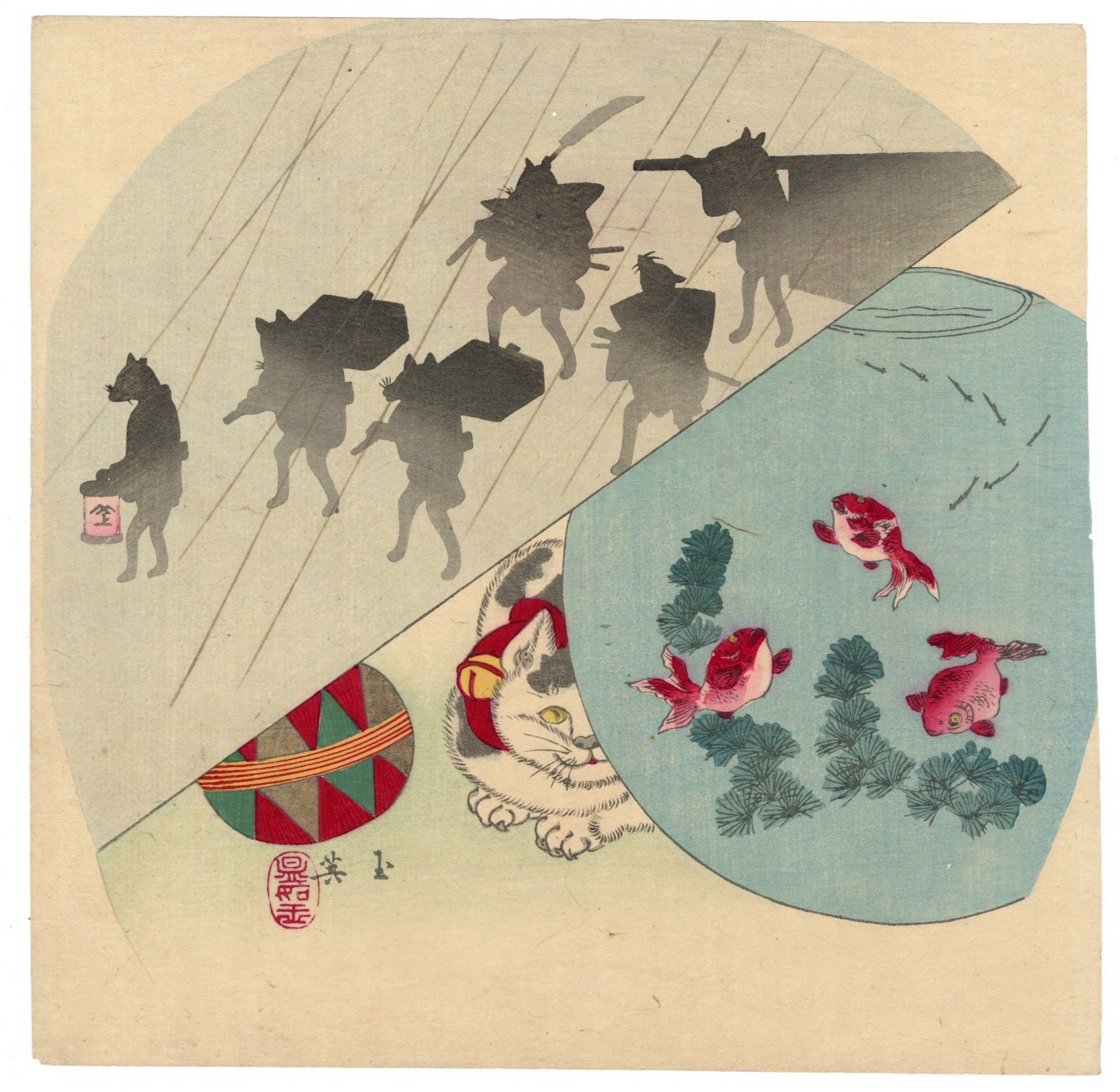 A Fox Procession at Night and a Cat Eying a fishbowl by Gyokuei (1847 - 1902?)