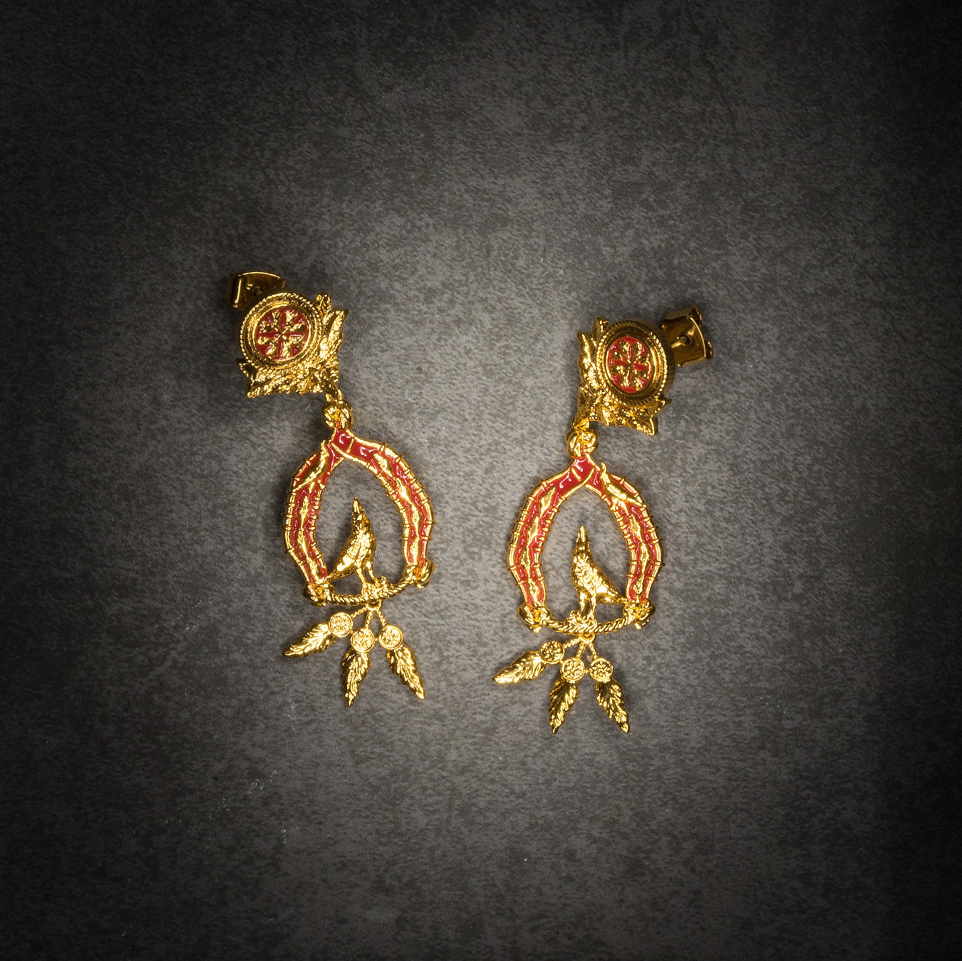 Vigor Earrings with Feathers - Gold & Red by Angela Mia