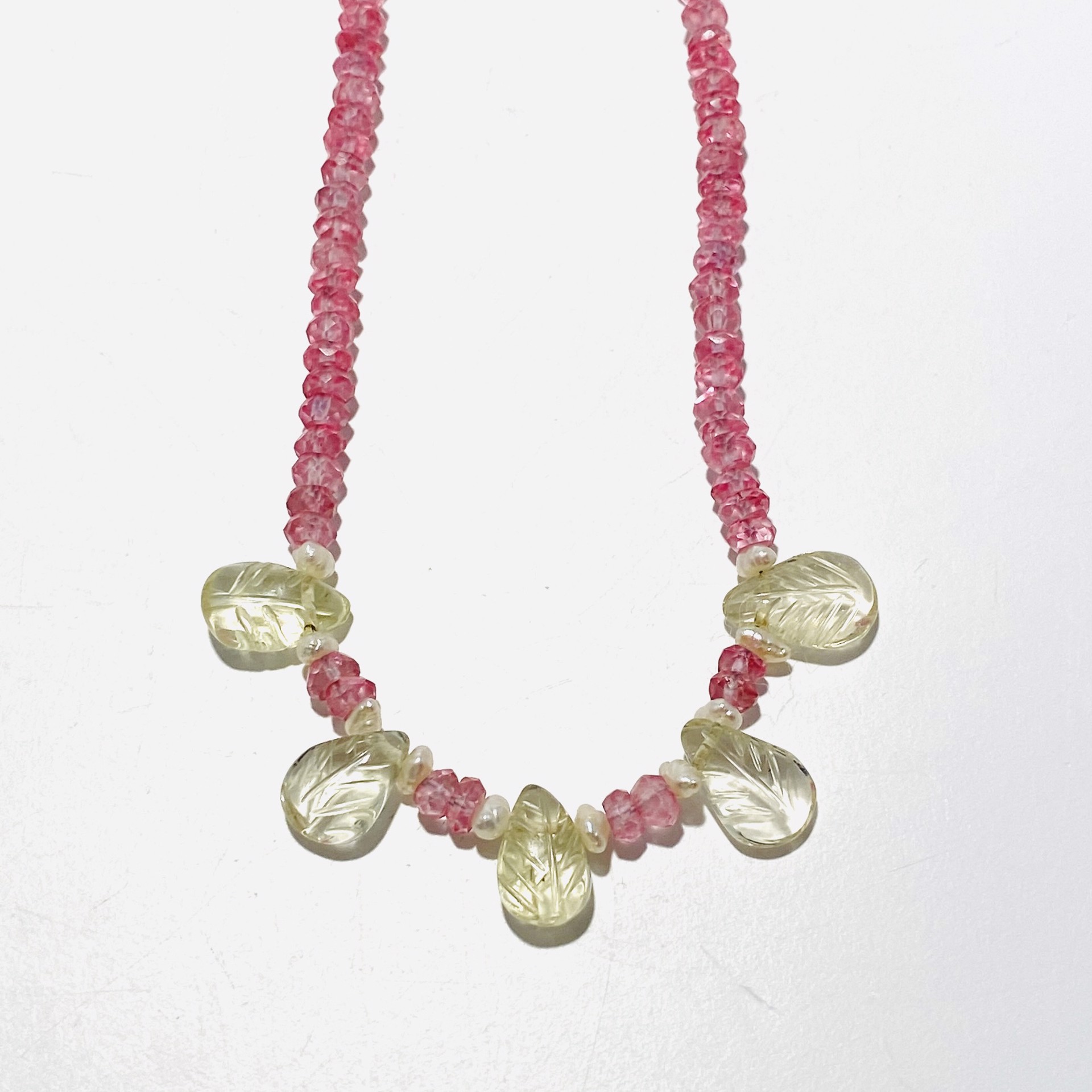 Pink Mystic Quartz and Carved Lemon Quartz Necklace by Nance Trueworthy