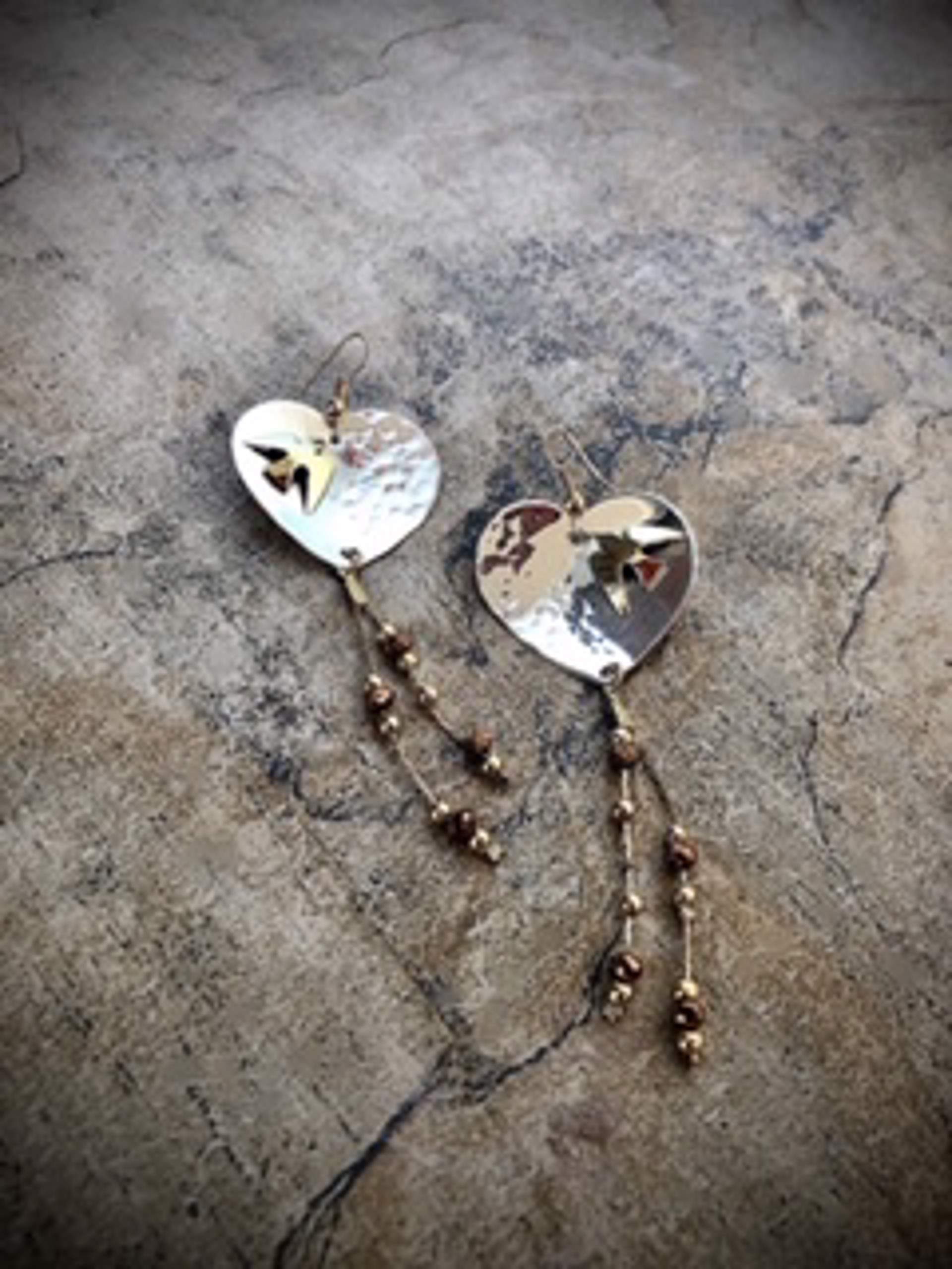 Earrings - Sterling Silver Hearts With Brass Birds  #1025 by Vesta Abel