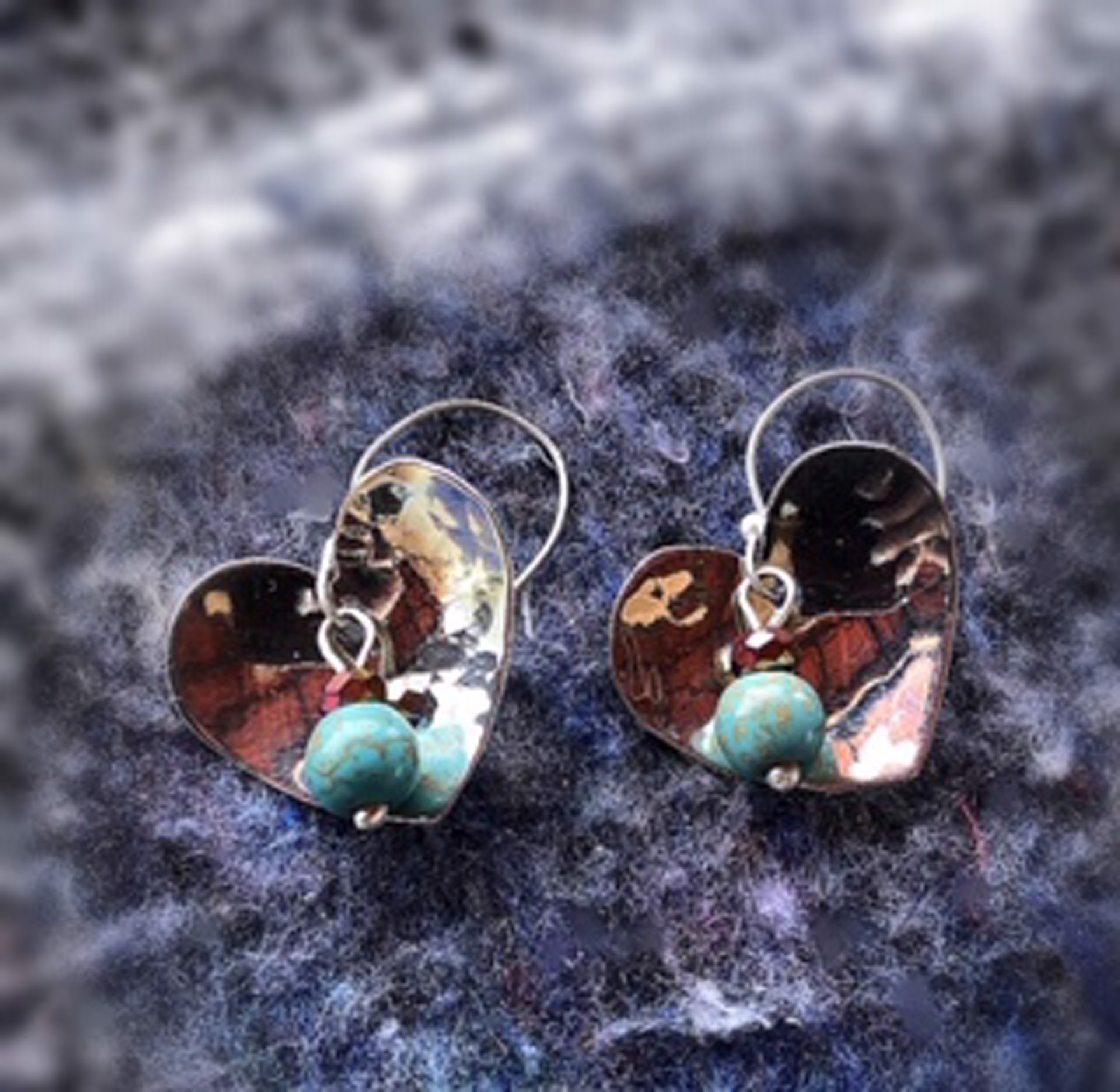 Earrings - Sterling Silver Hearts & Turquoise  #1009 by Vesta Abel