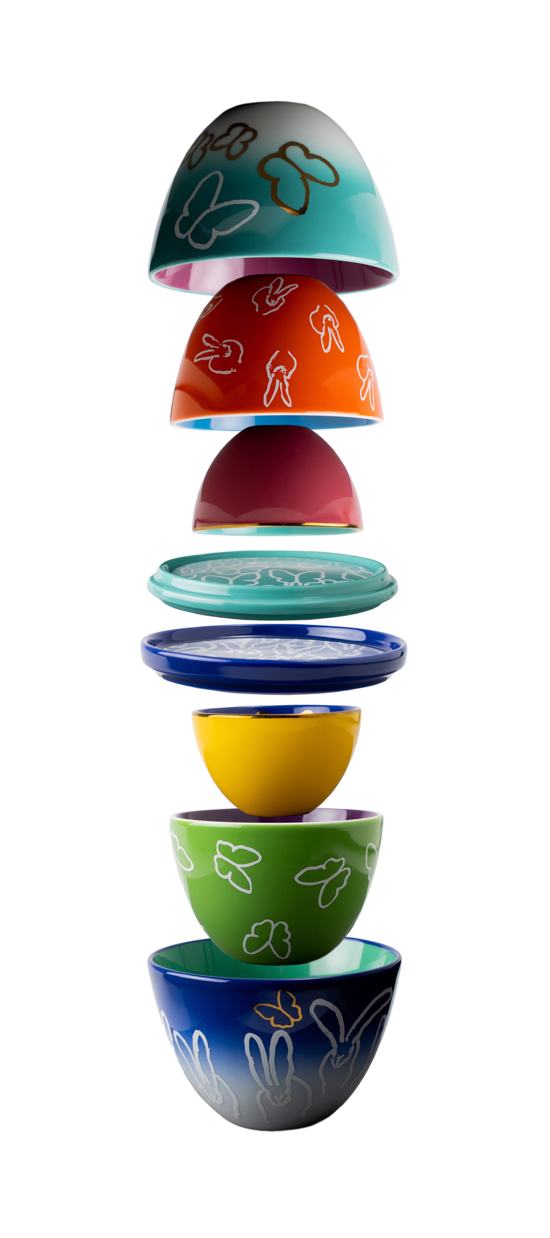 Nested Porcelain Bunnies & Butterflies Egg in Gift Box: Includes 6 Bowls & 2 Plates by Hunt Slonem Hop Shop