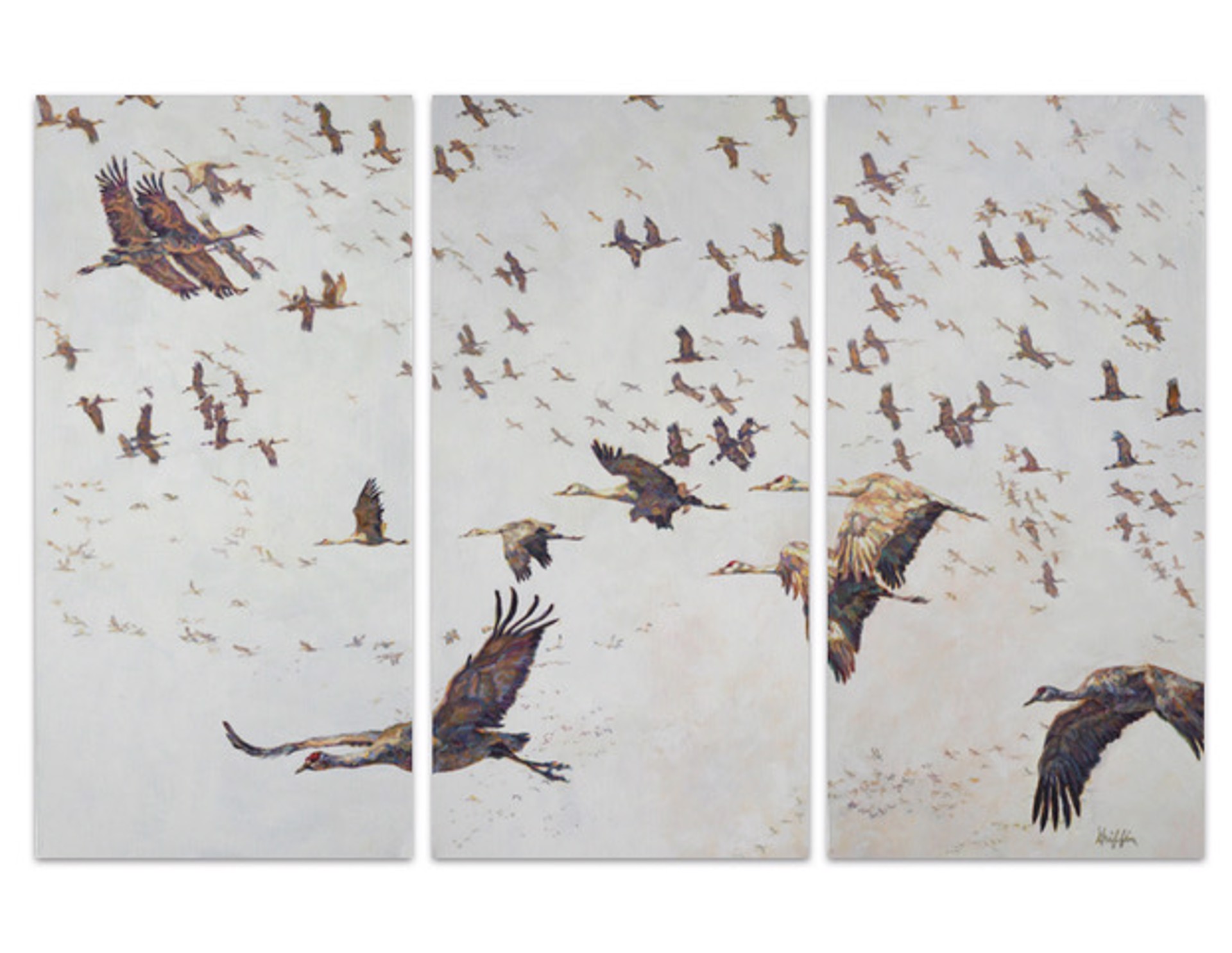 A Contemporary Triptych Oil Painting Of A Flock Of Sand Hill Cranes In Flight, By Patricia Griffin