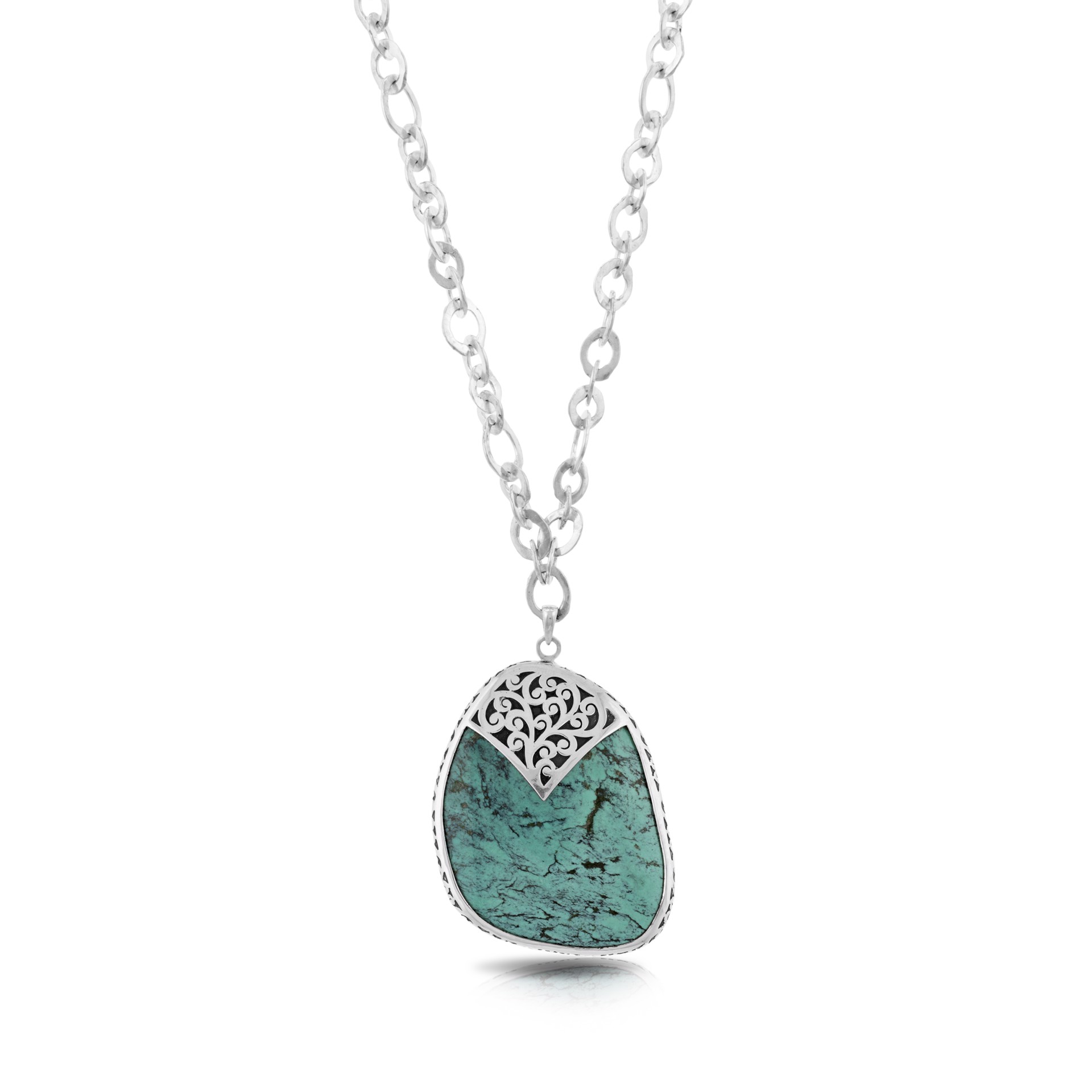 9703 Organic Shaped Turquoise with Hand Carved Scroll Rim on Handmade Sterling Silver Chain, Pendant 41 by 51 mm by Lois Hill