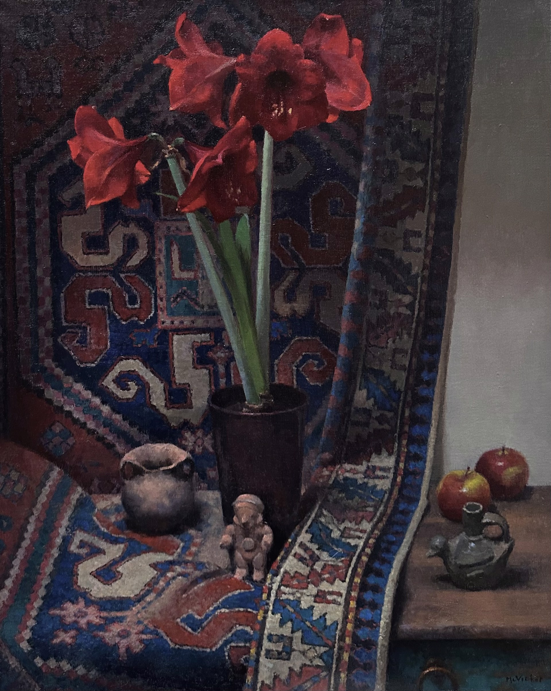 Red Amaryllis and Caucasian Rug by Jim McVicker