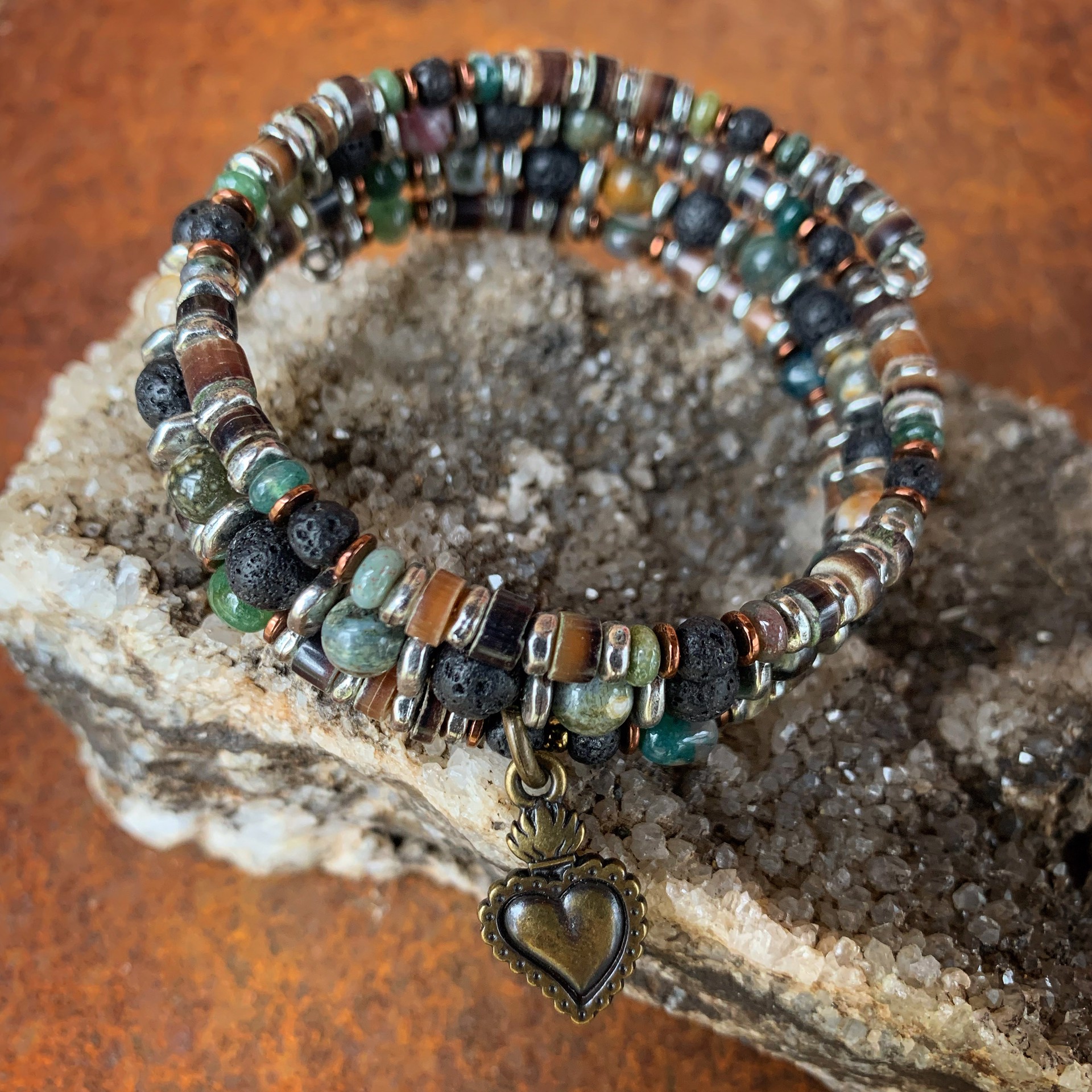 K751 Triple Wrap Sacred Heart Bracelet with Lava and Jasper by Kelly Ormsby
