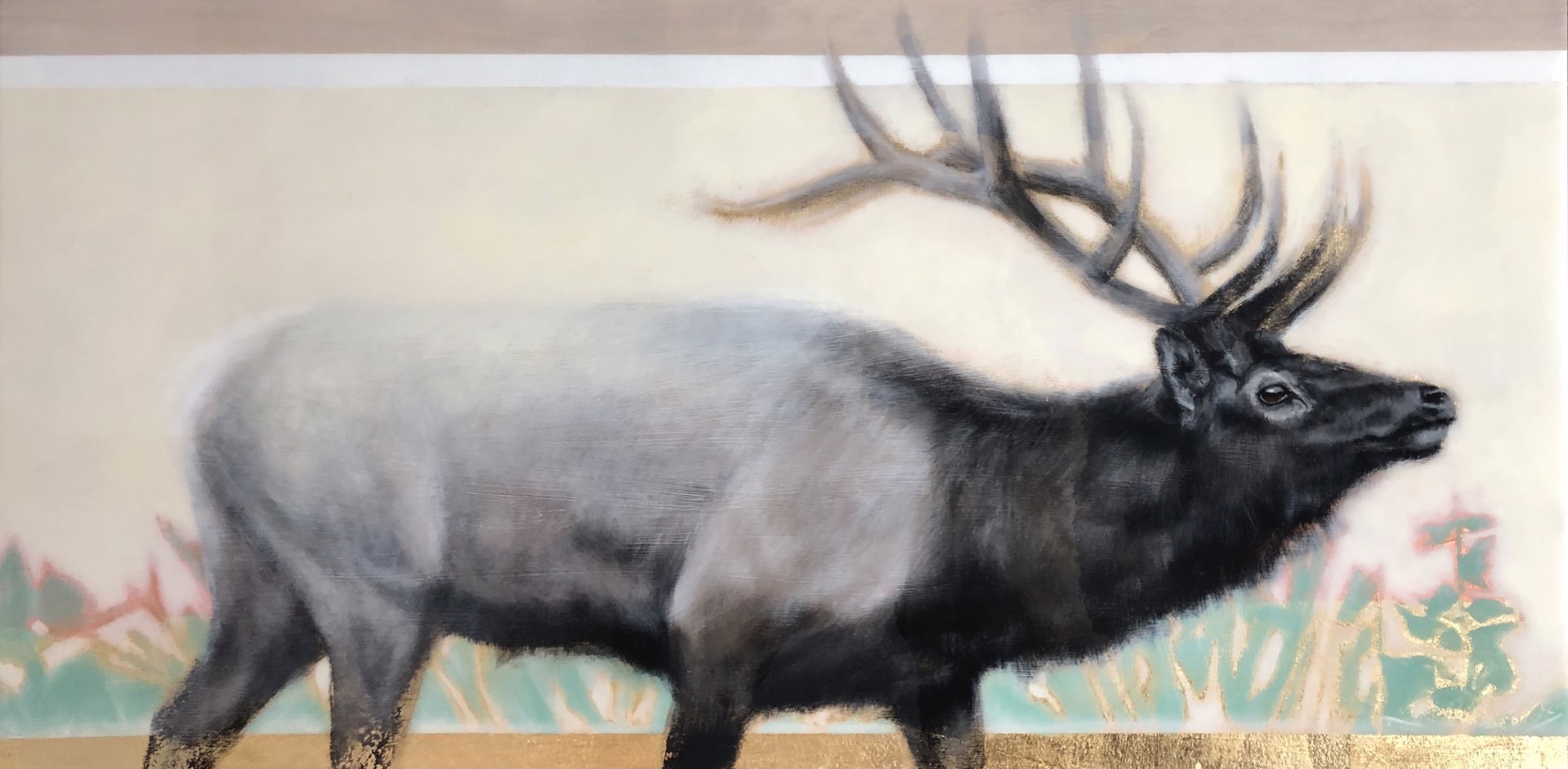 Original Artwork Featuring an Elk With Contemporary Graphic Background And Gold Leaf Detail