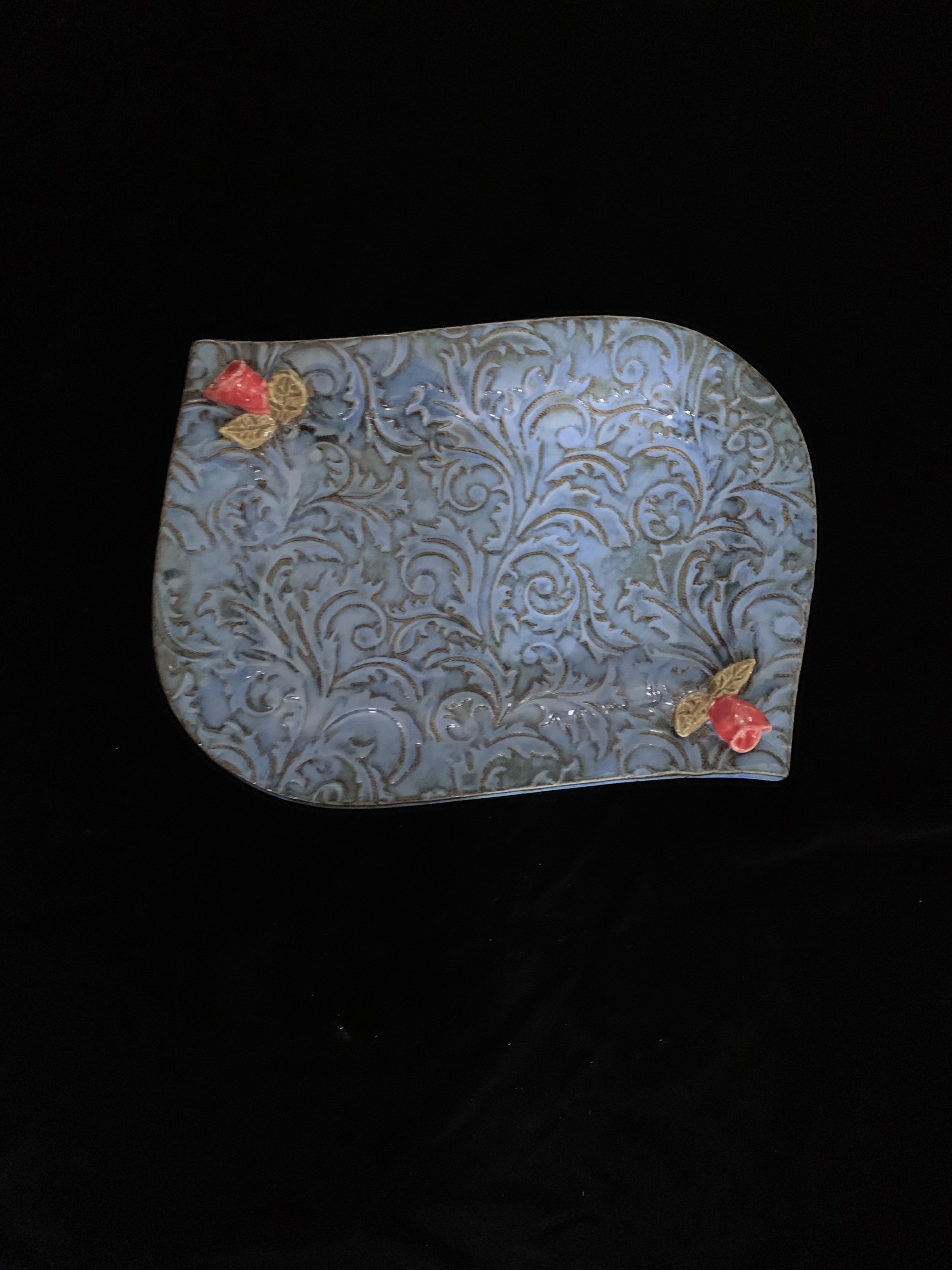 10 1/2 in Curved Patterned Plate w/Roses, medium blue by Michael Hagan