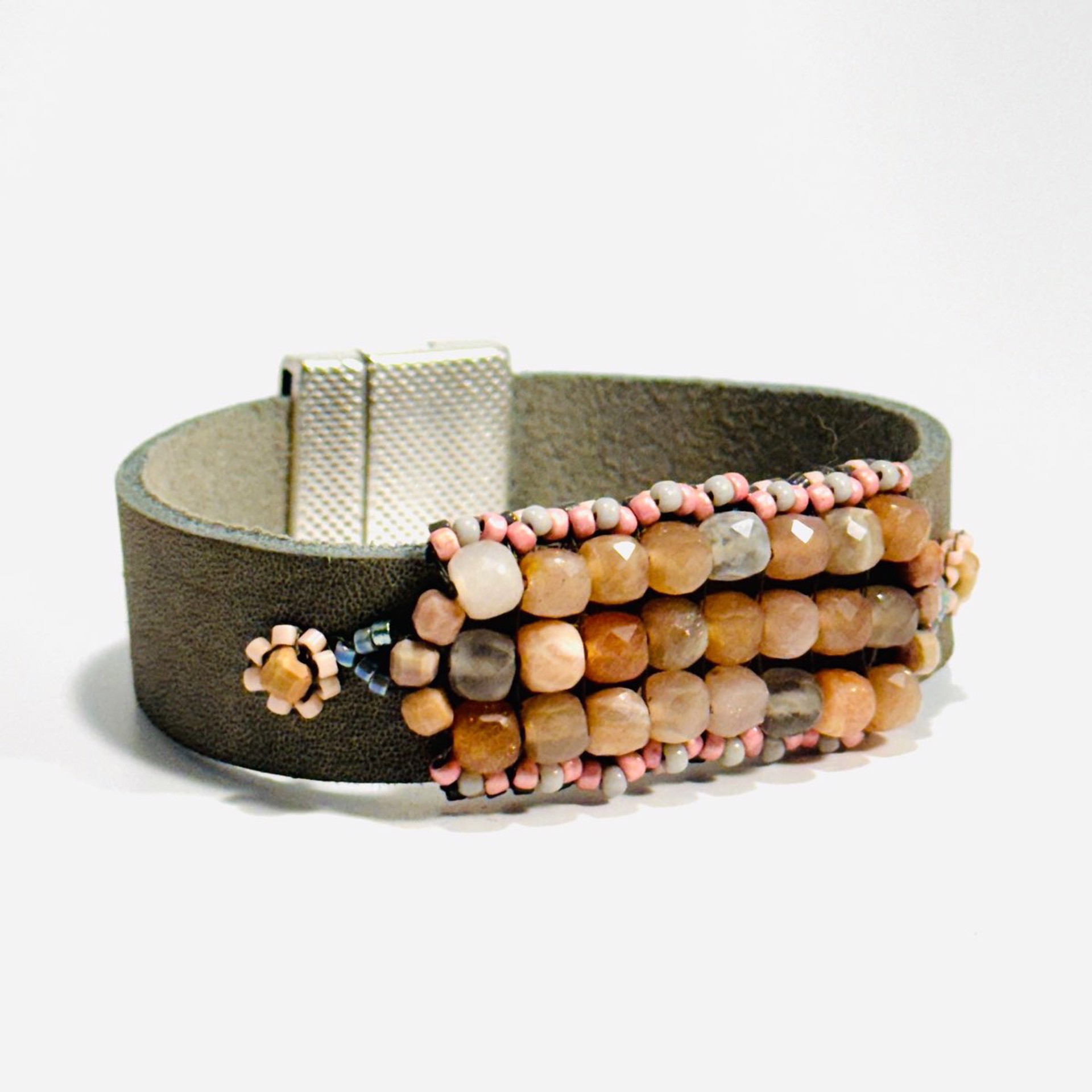 Peach Moonstone, Agate Grey Leather Bracelet BD23-7 by Barbara Duimstra