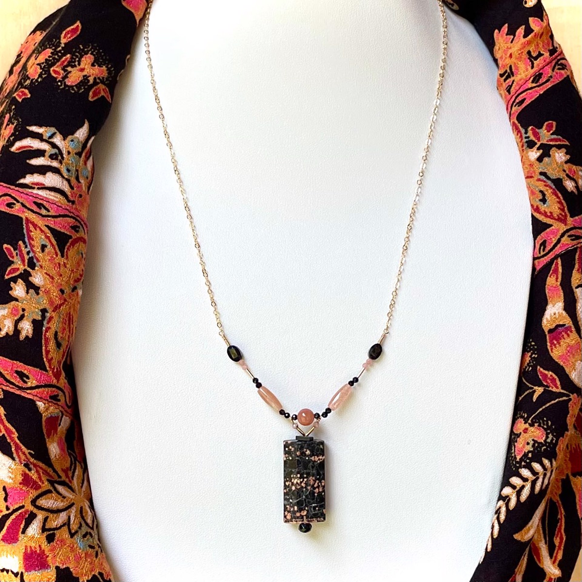 Red Snowflake Obsidian with Rhodochrosite, Black Spinel and Peach Moonstone 14K Gold Fill Vertical Necklace by Lisa Kelley