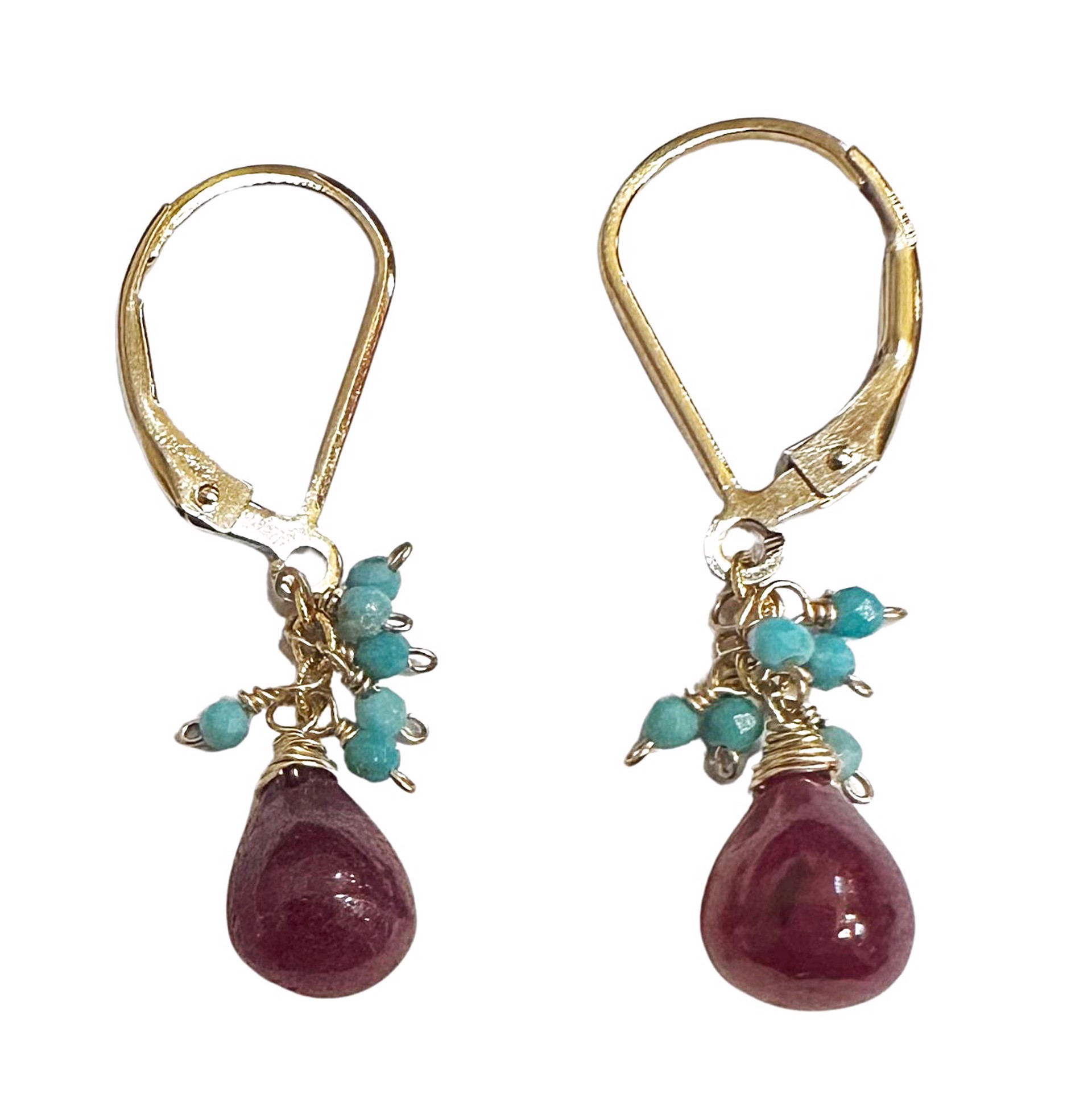Earrings - Turquoise and Ruby with 14K Gold by Julia Balestracci