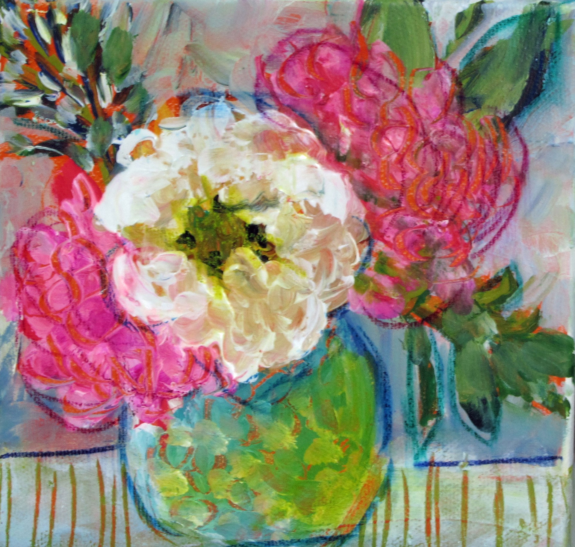 White Mum / Green Vase by Cindy Aune
