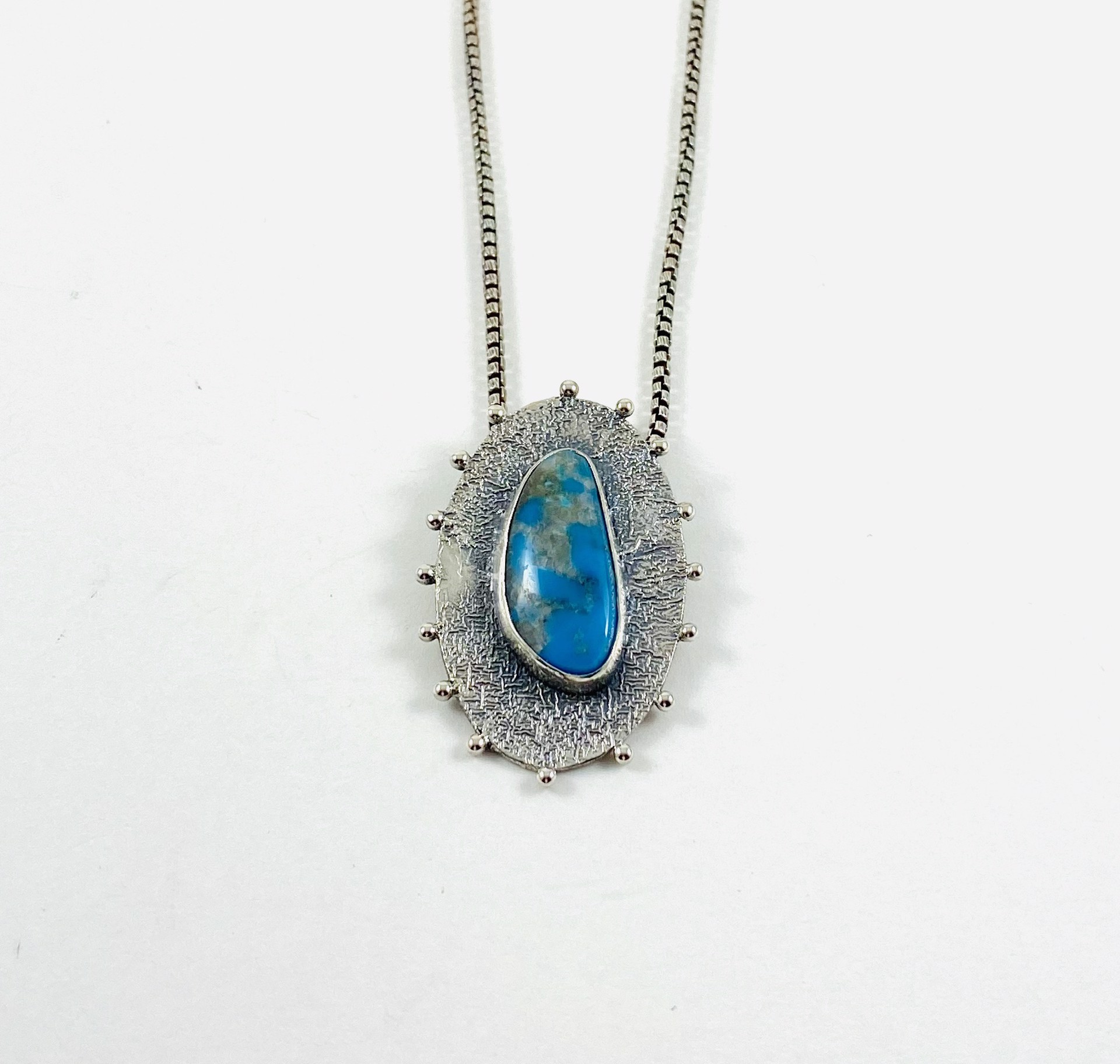 Morenci Turquoise Reticulated Silver Pendant, 18"silver Chain Necklace AB21-32 by Anne Bivens