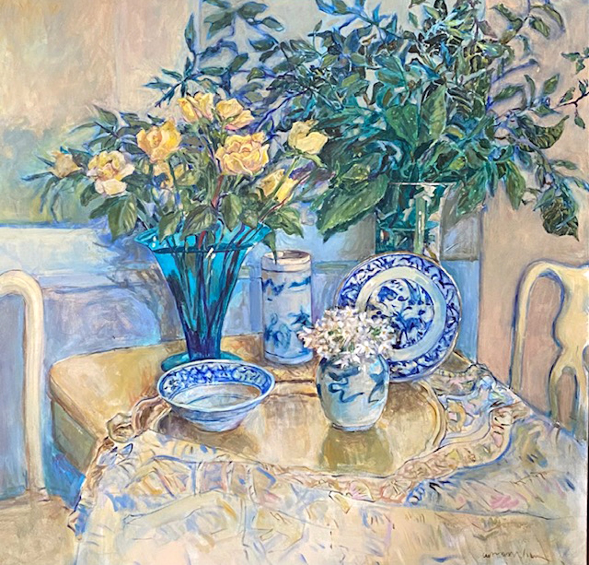 Tablescape with Yellow Roses by Nan Cunningham