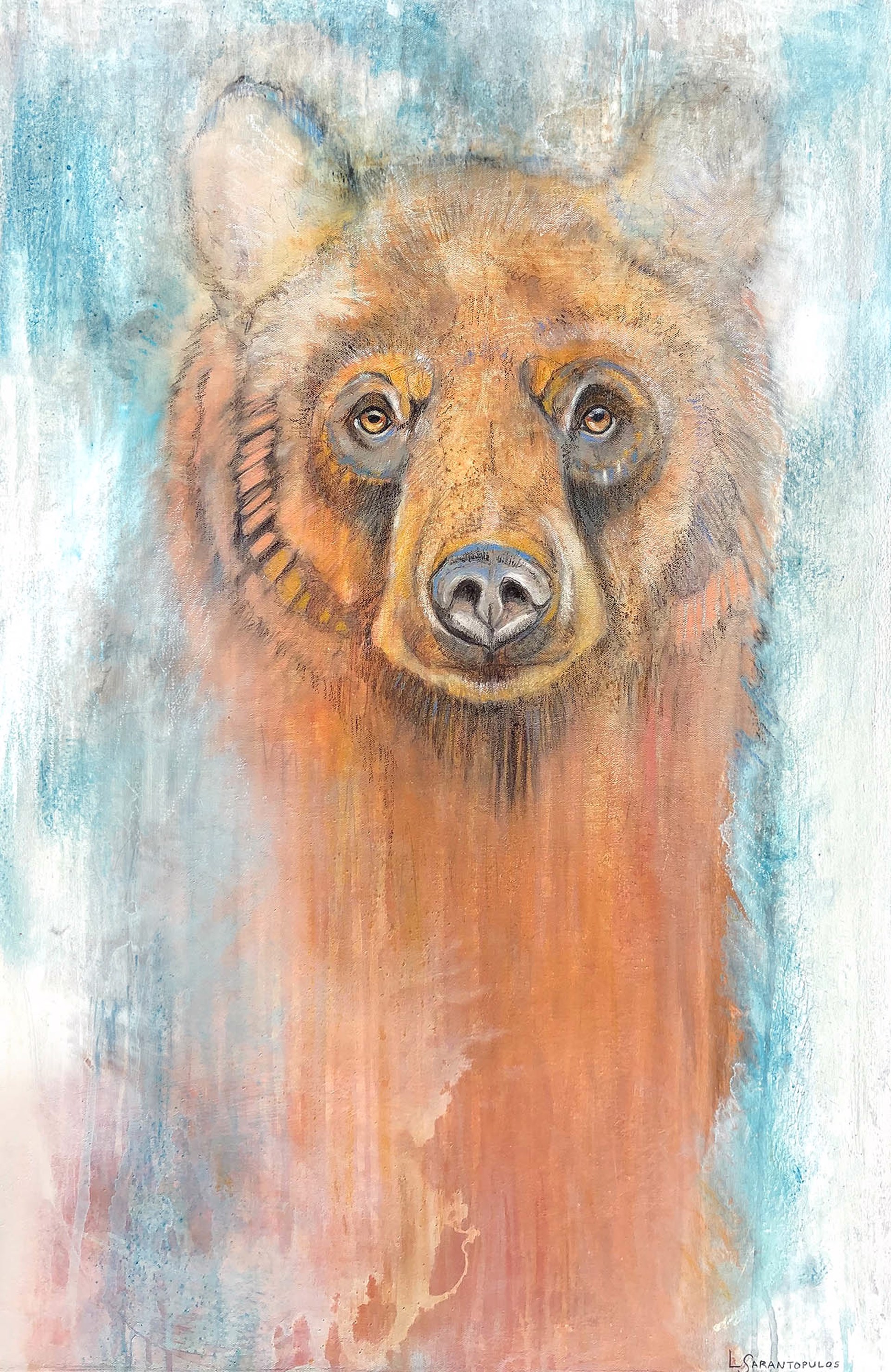 Original Mixed Media Painting Featuring A Bear Portrait In Orange Over Turquoise Background
